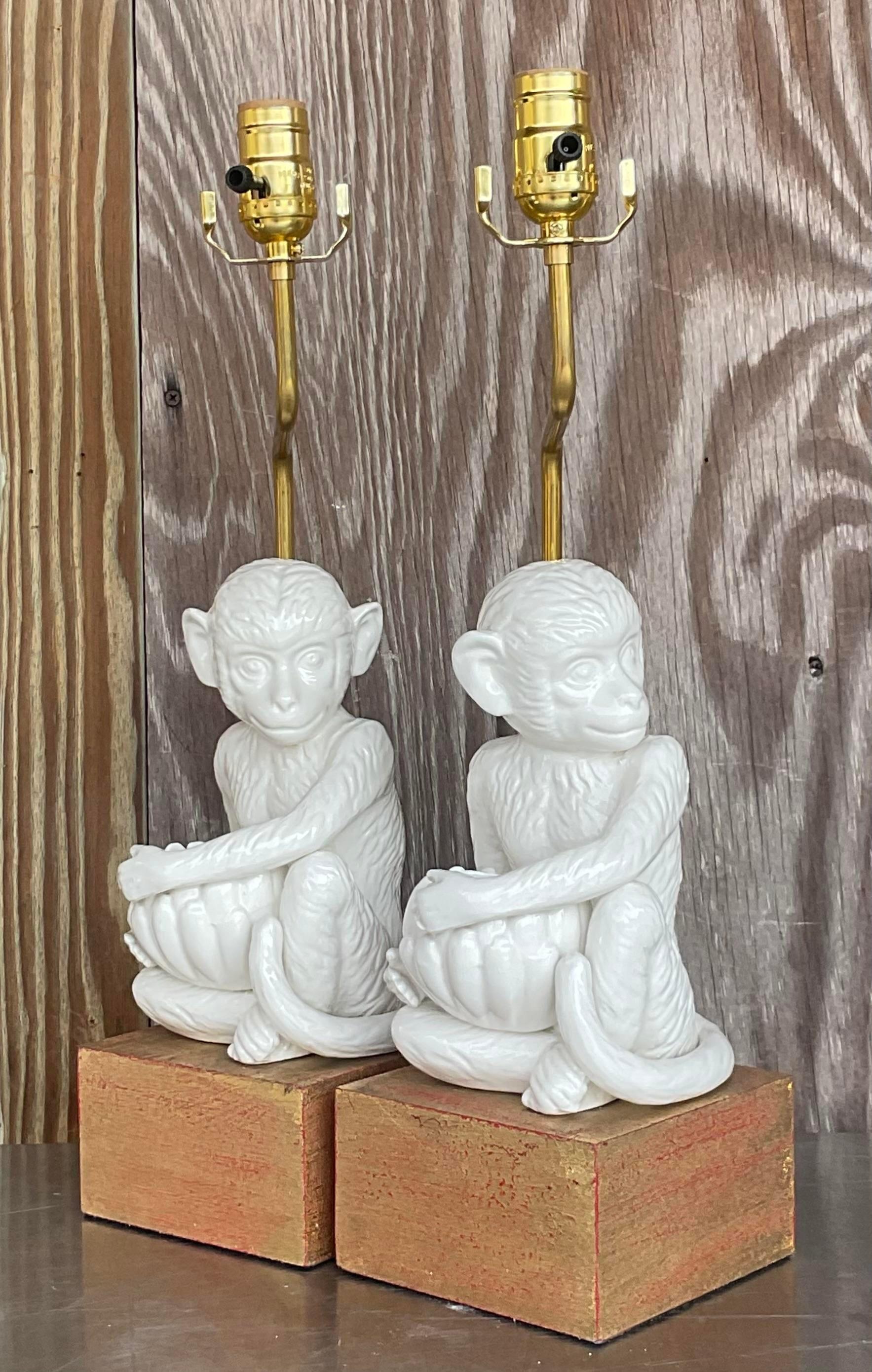 Metal Vintage Boho Glazed Ceramic Monkey Lamps - a Pair