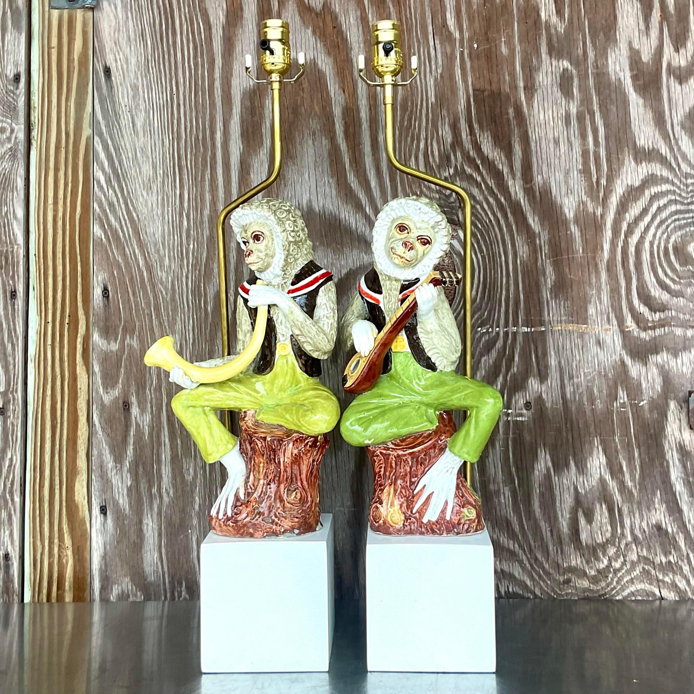 Paire de lampes singe vintage en céramique émaillée Boho 1