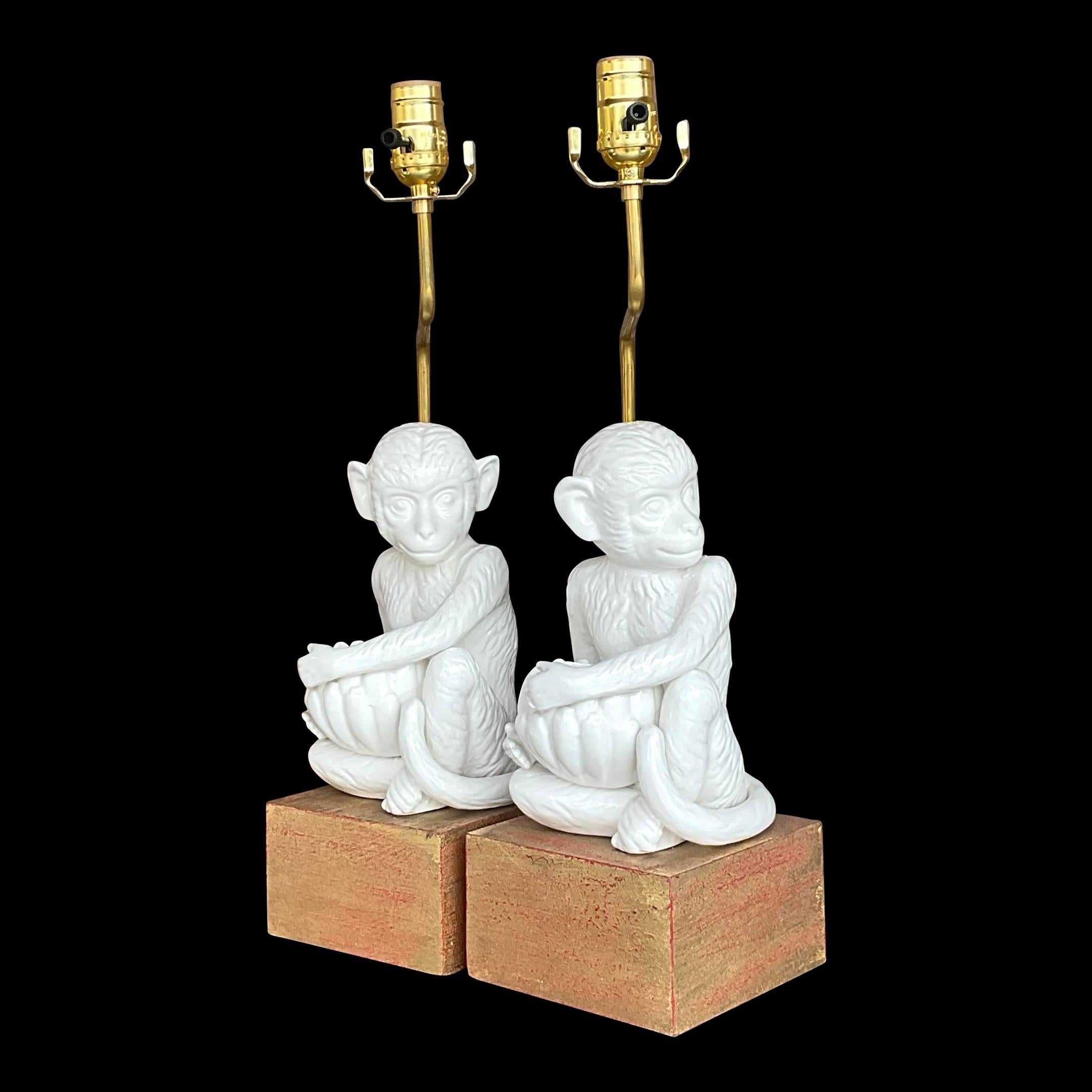Vintage Boho Glazed Ceramic Monkey Lamps - a Pair 1