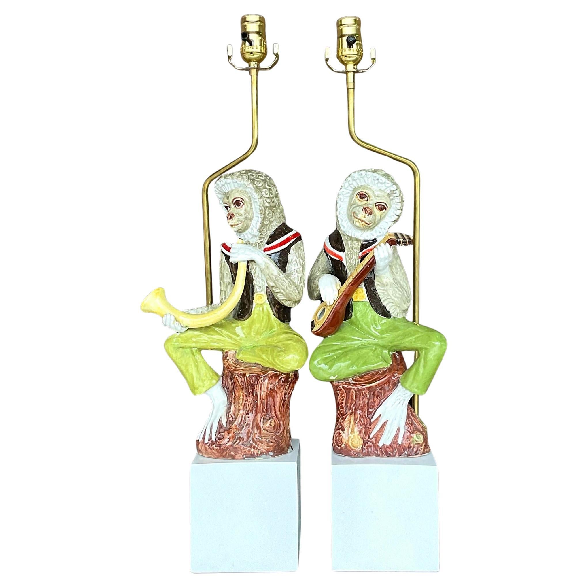 Vintage Boho Glazed Ceramic Monkey Lamps - a Pair