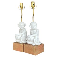 Vintage Boho Glazed Ceramic Monkey Lamps - a Pair