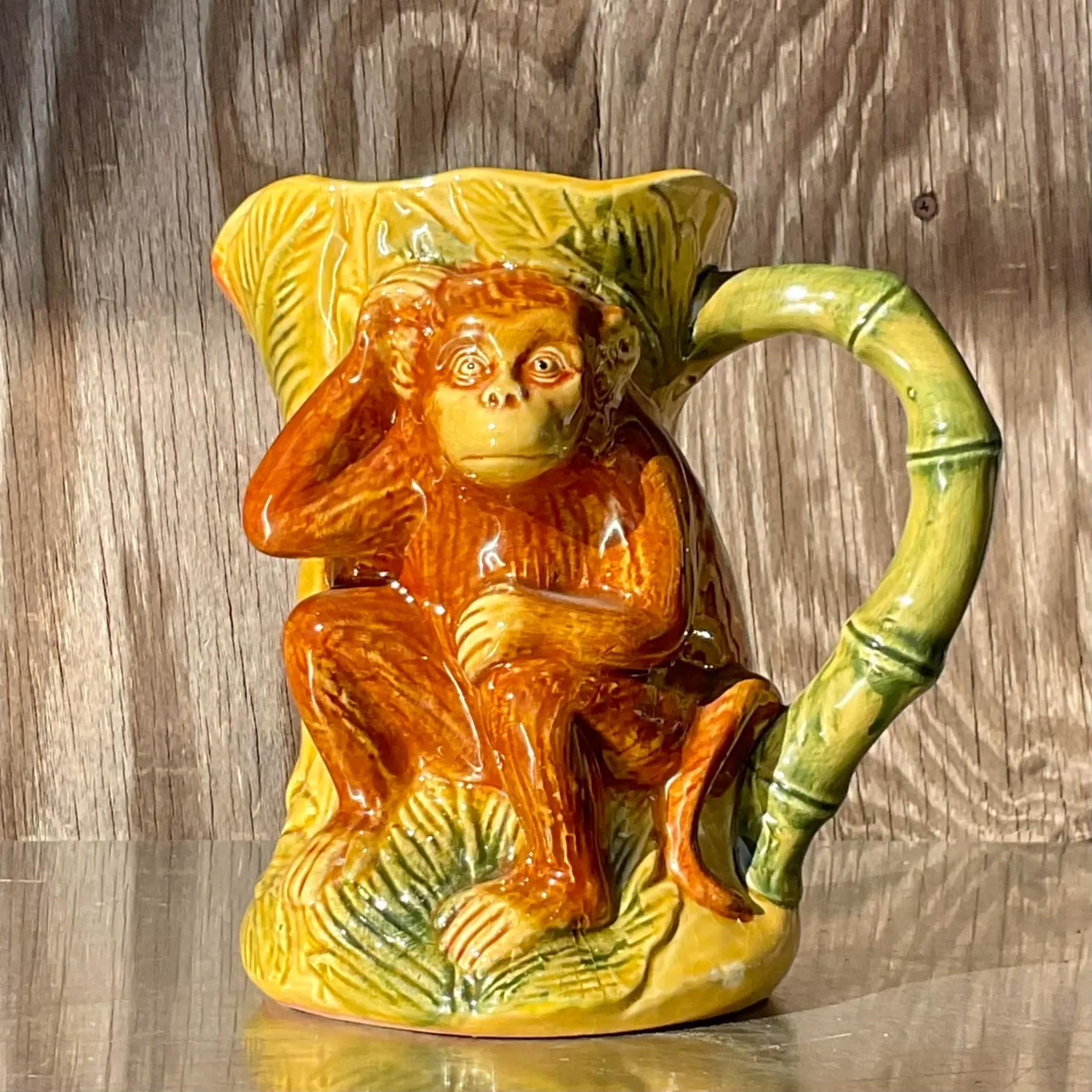 Vintage Boho glasierte Keramik Affe Krug (Böhmisch) im Angebot