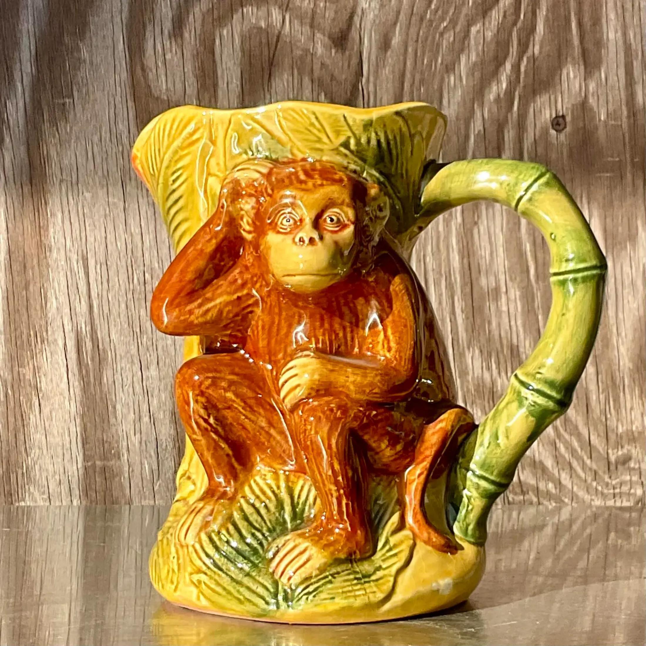 Chinese Vintage Boho Glazed Ceramic Monkey Pitcher For Sale