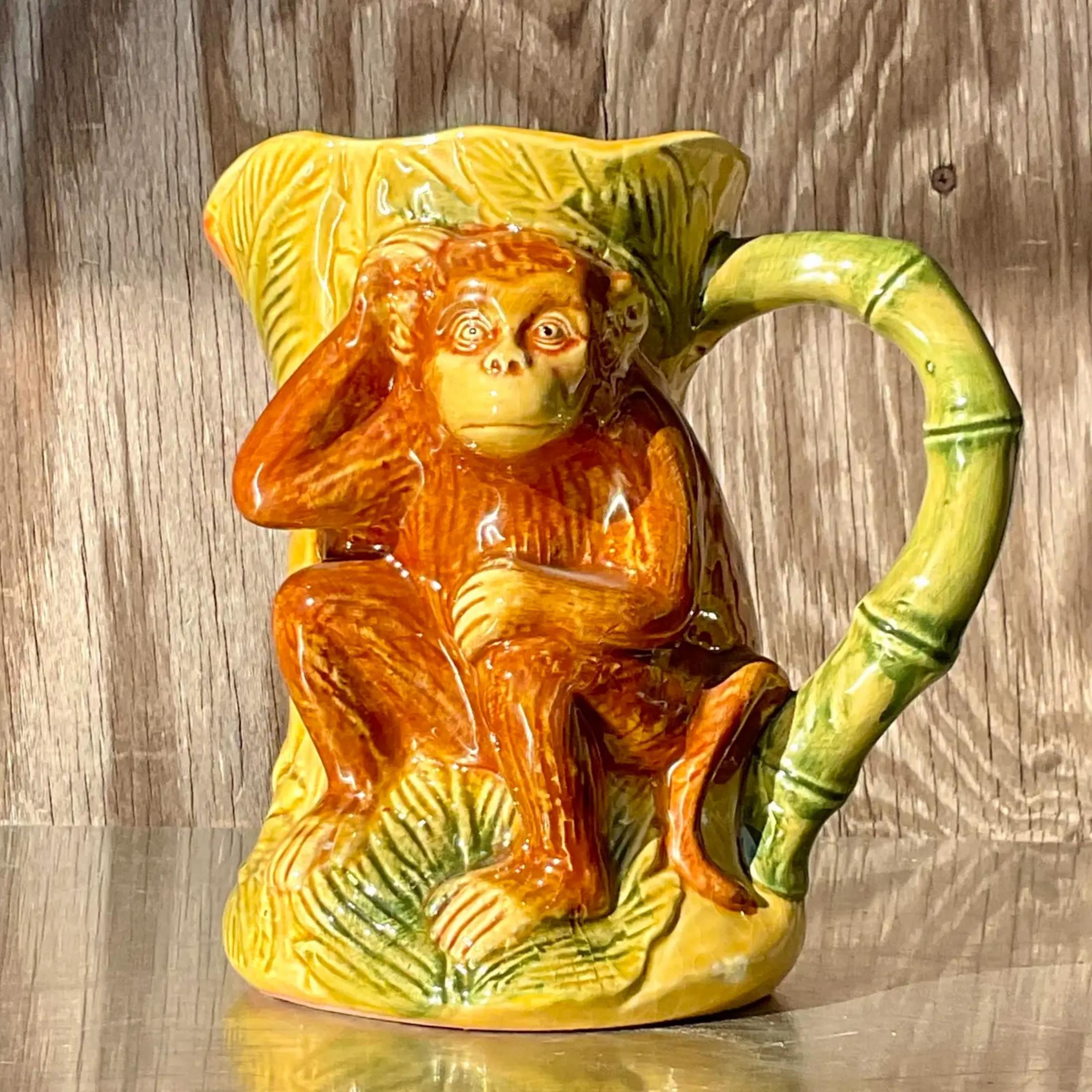 Vintage Boho Glazed Ceramic Monkey Pitcher In Good Condition For Sale In west palm beach, FL