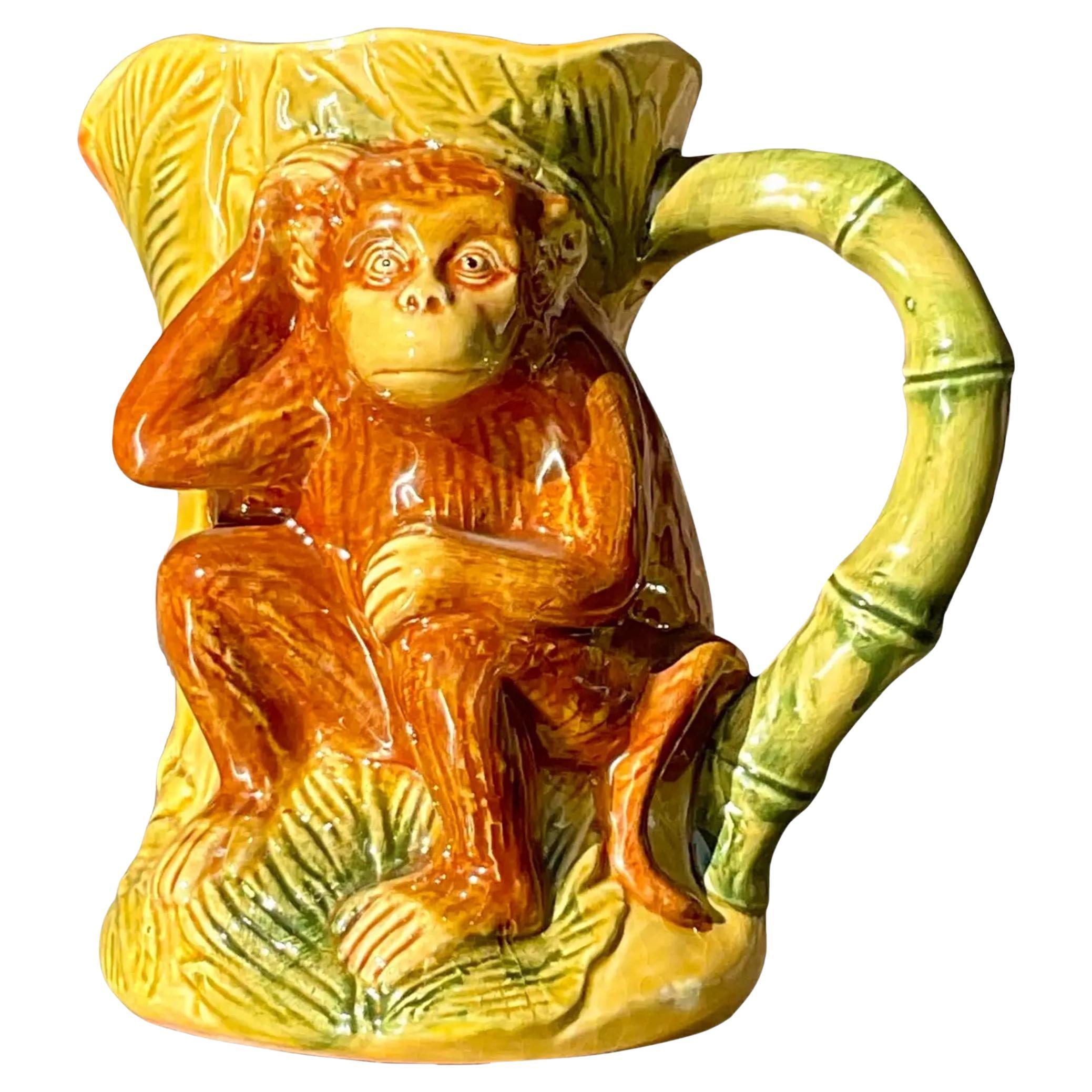 Vintage Boho Glazed Ceramic Monkey Pitcher For Sale