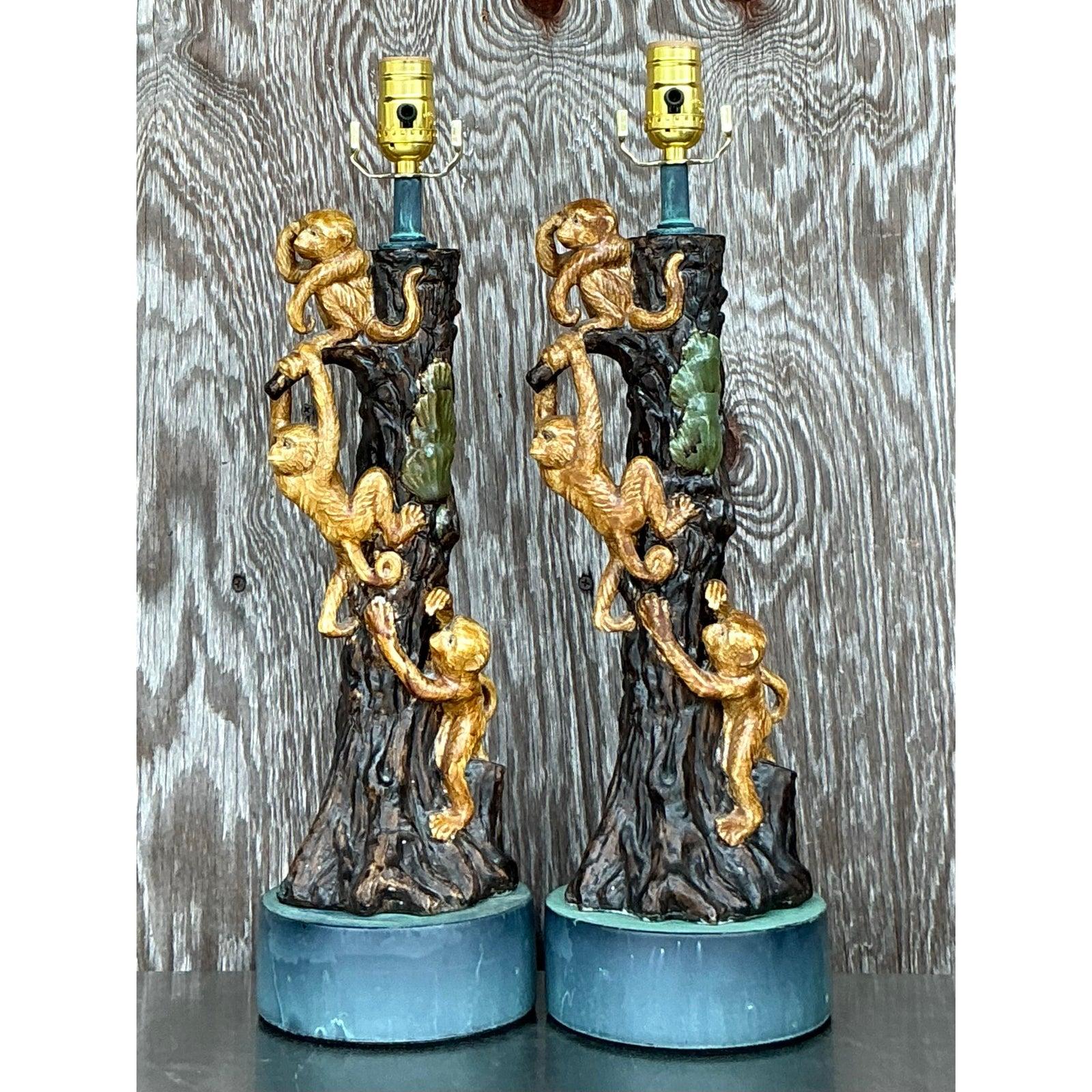 Vintage Boho Glazed Ceramic Monkey Tree Lamps - a Pair For Sale 3