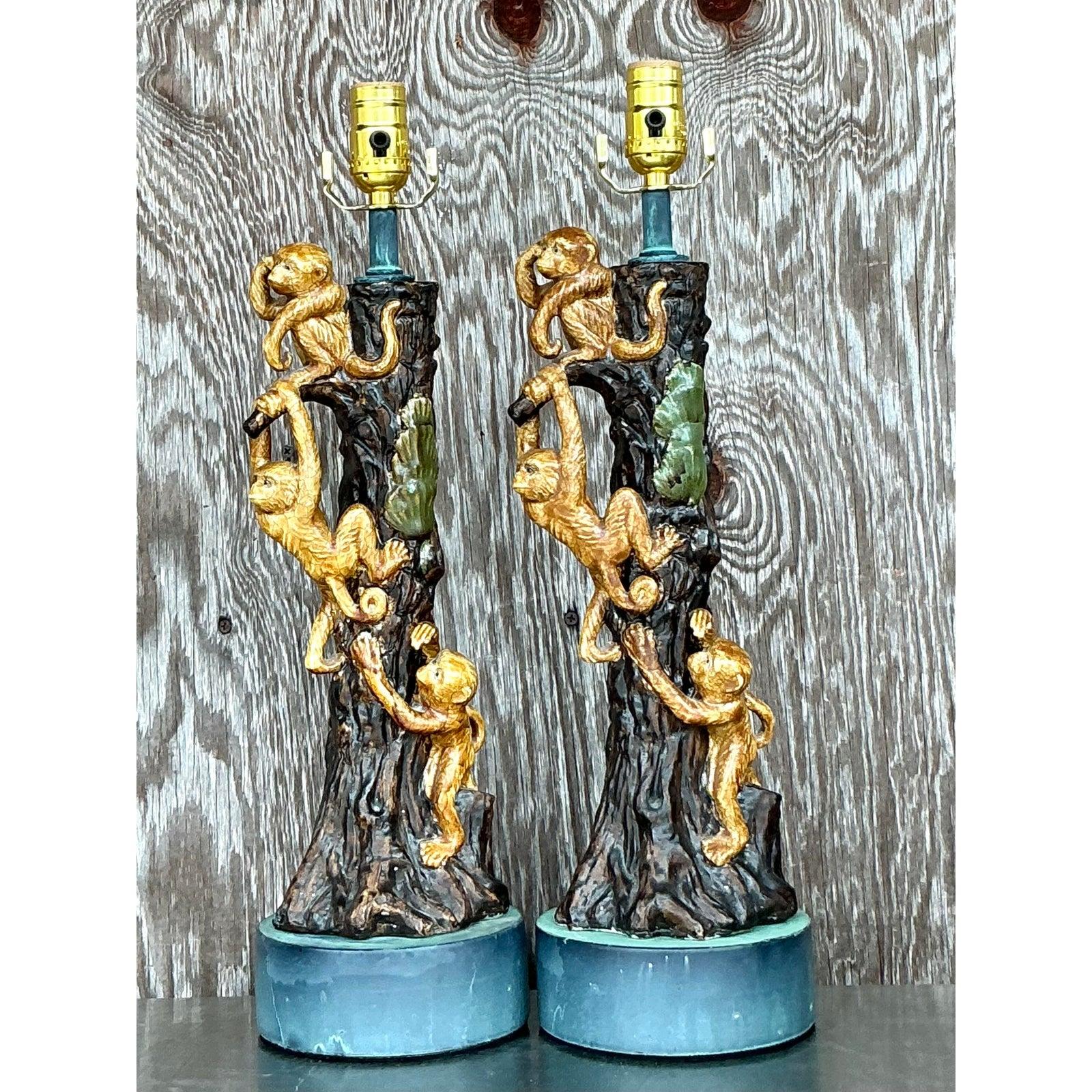 Vintage Boho Glazed Ceramic Monkey Tree Lamps - a Pair For Sale 4