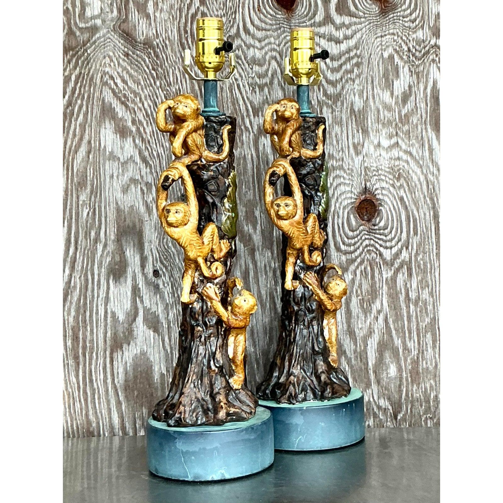 Hollywood Regency Vintage Boho Glazed Ceramic Monkey Tree Lamps - a Pair For Sale