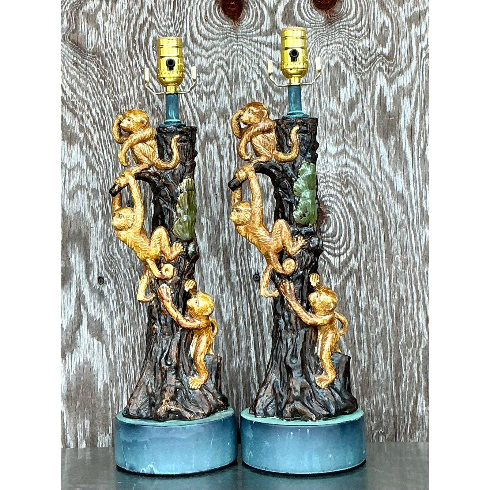 Vintage Boho Glazed Ceramic Monkey Tree Lamps - a Pair In Good Condition For Sale In west palm beach, FL