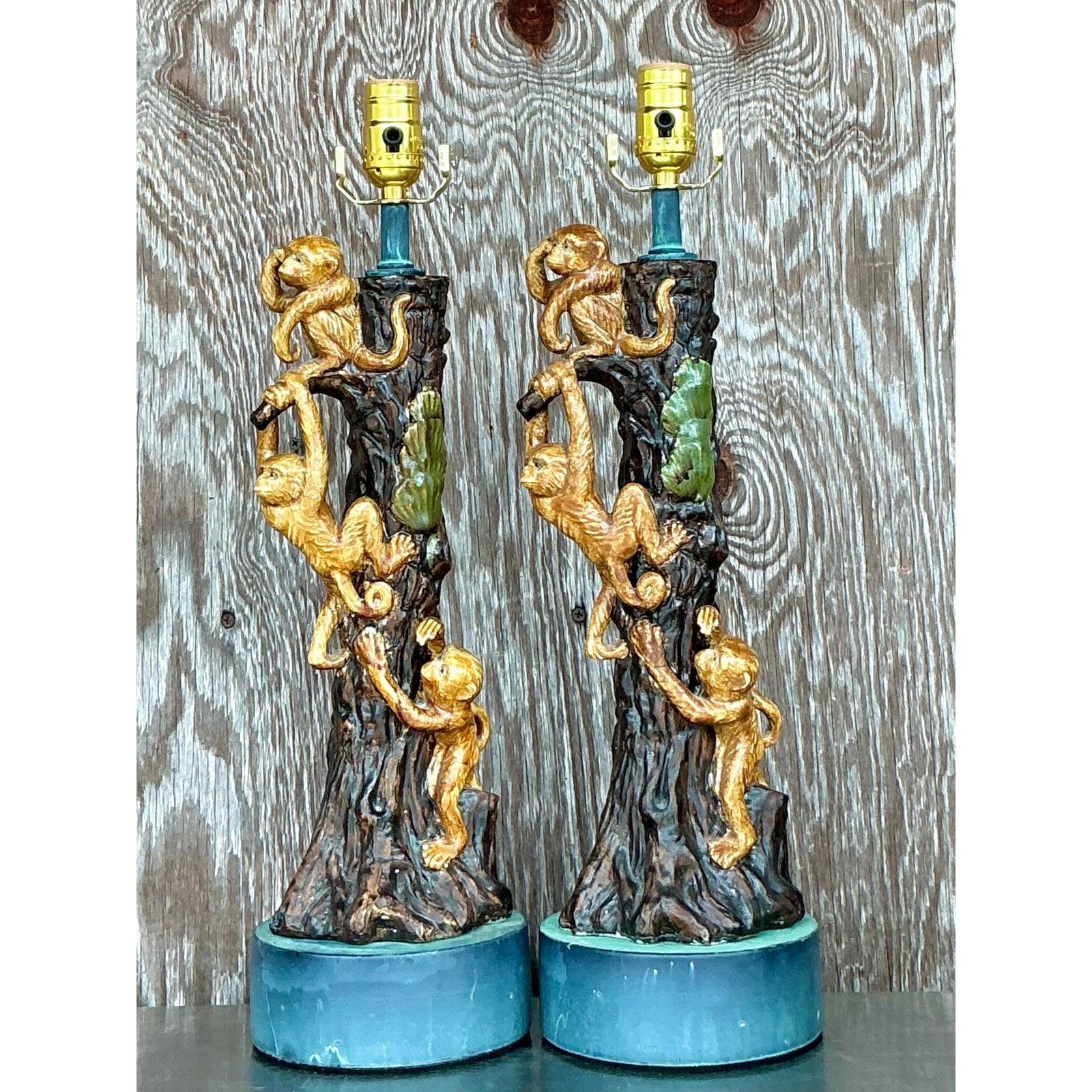 Brass Vintage Boho Glazed Ceramic Monkey Tree Lamps - a Pair For Sale