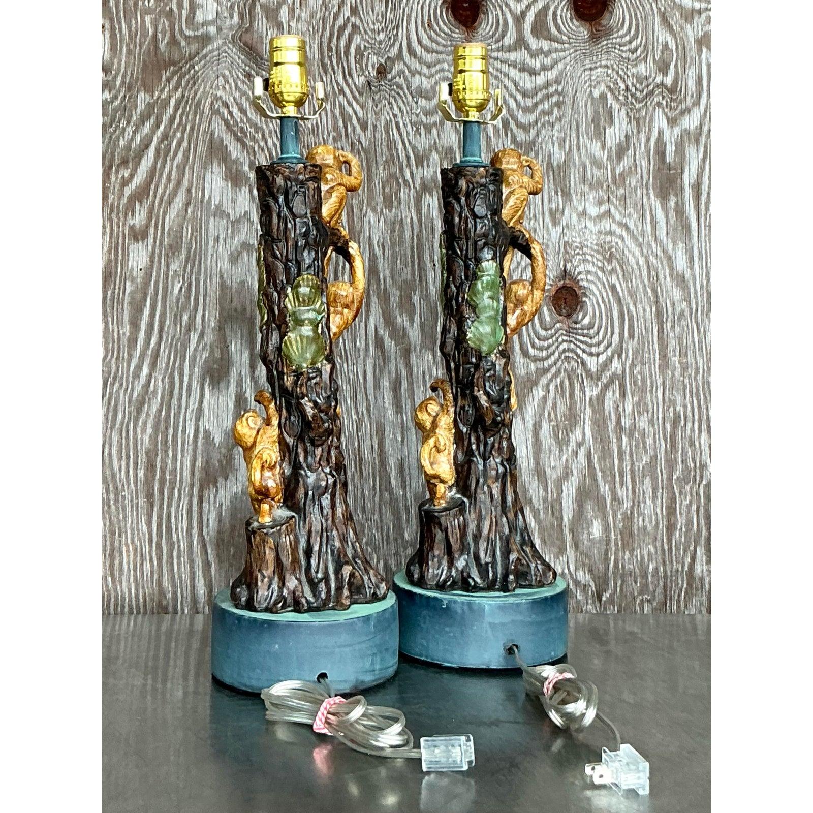 Vintage Boho Glazed Ceramic Monkey Tree Lamps - a Pair For Sale 1