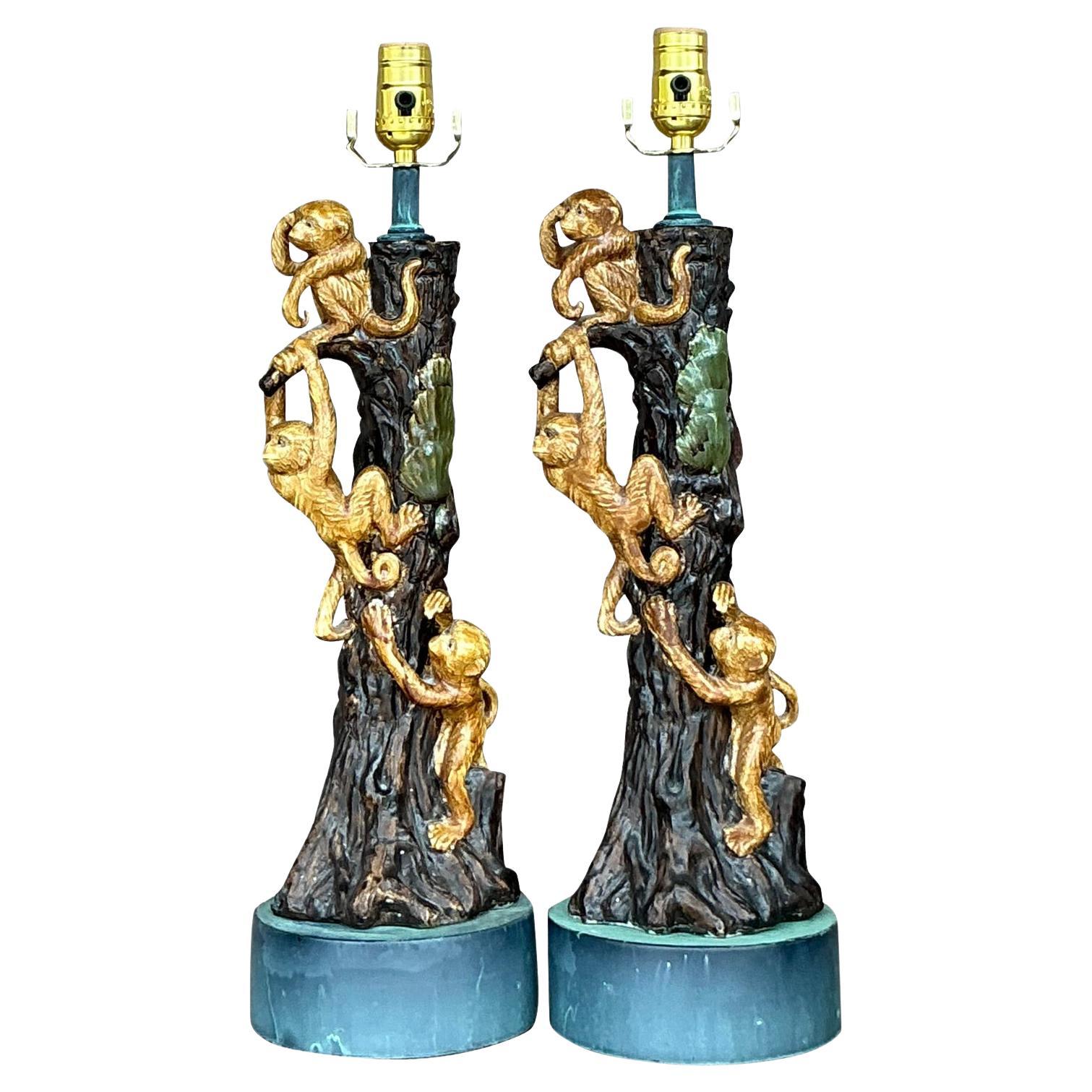 Vintage Boho glasierte Keramik Affenbaum Lampen - ein Paar