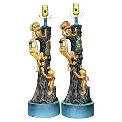 Vintage Boho Glazed Ceramic Monkey Tree Lamps - a Pair
