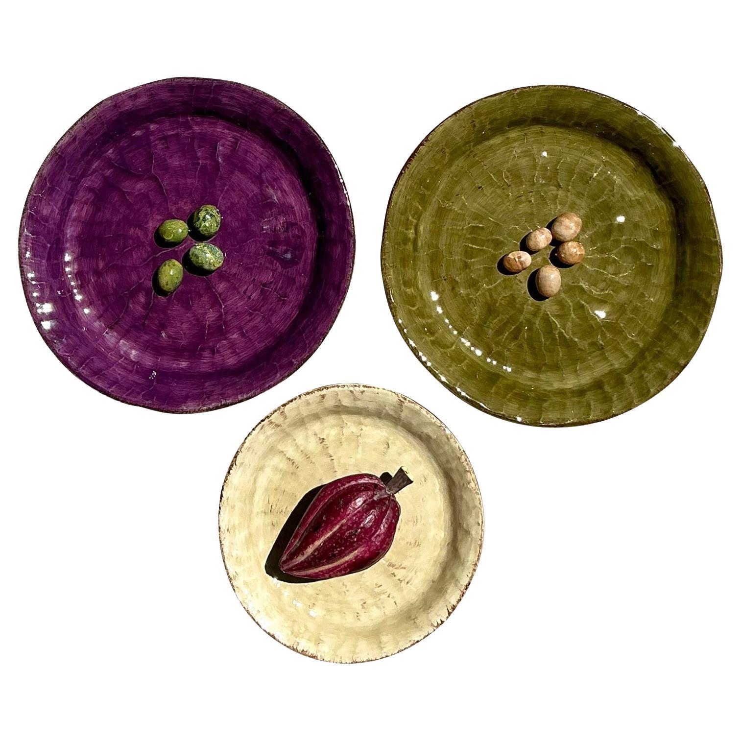 Vintage Boho Platos de cerámica esmaltada con aceitunas - Set de 3