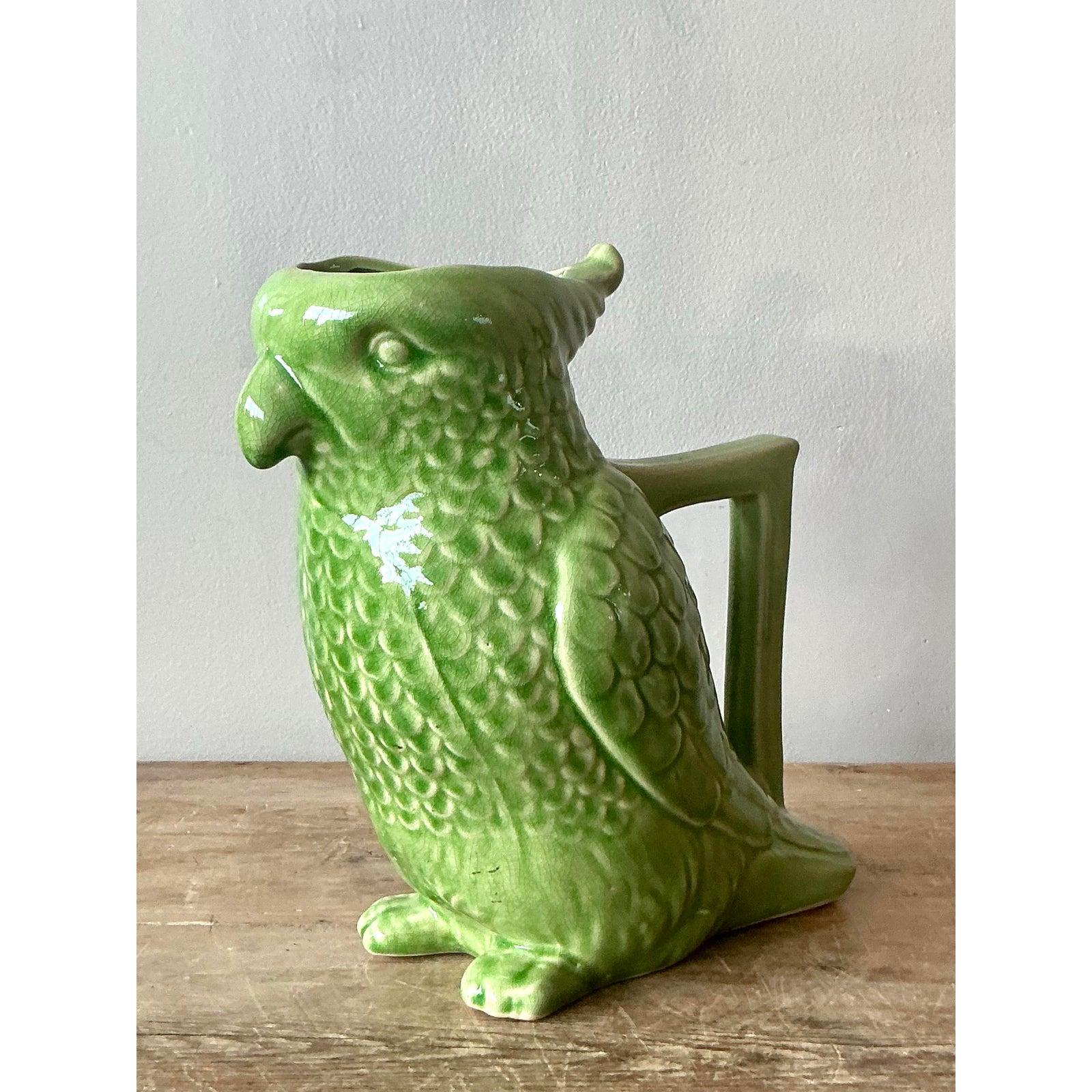Space Age Vintage Boho Glazed Ceramic Parrot Pitcher For Sale