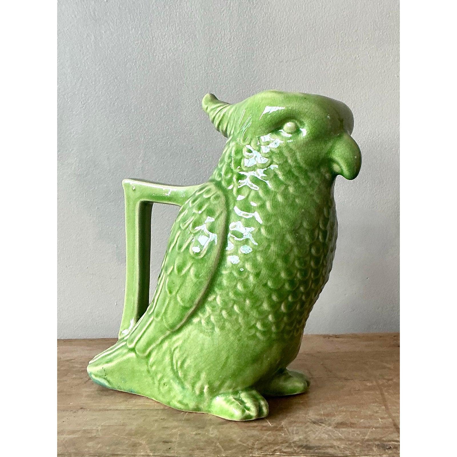 American Vintage Boho Glazed Ceramic Parrot Pitcher For Sale