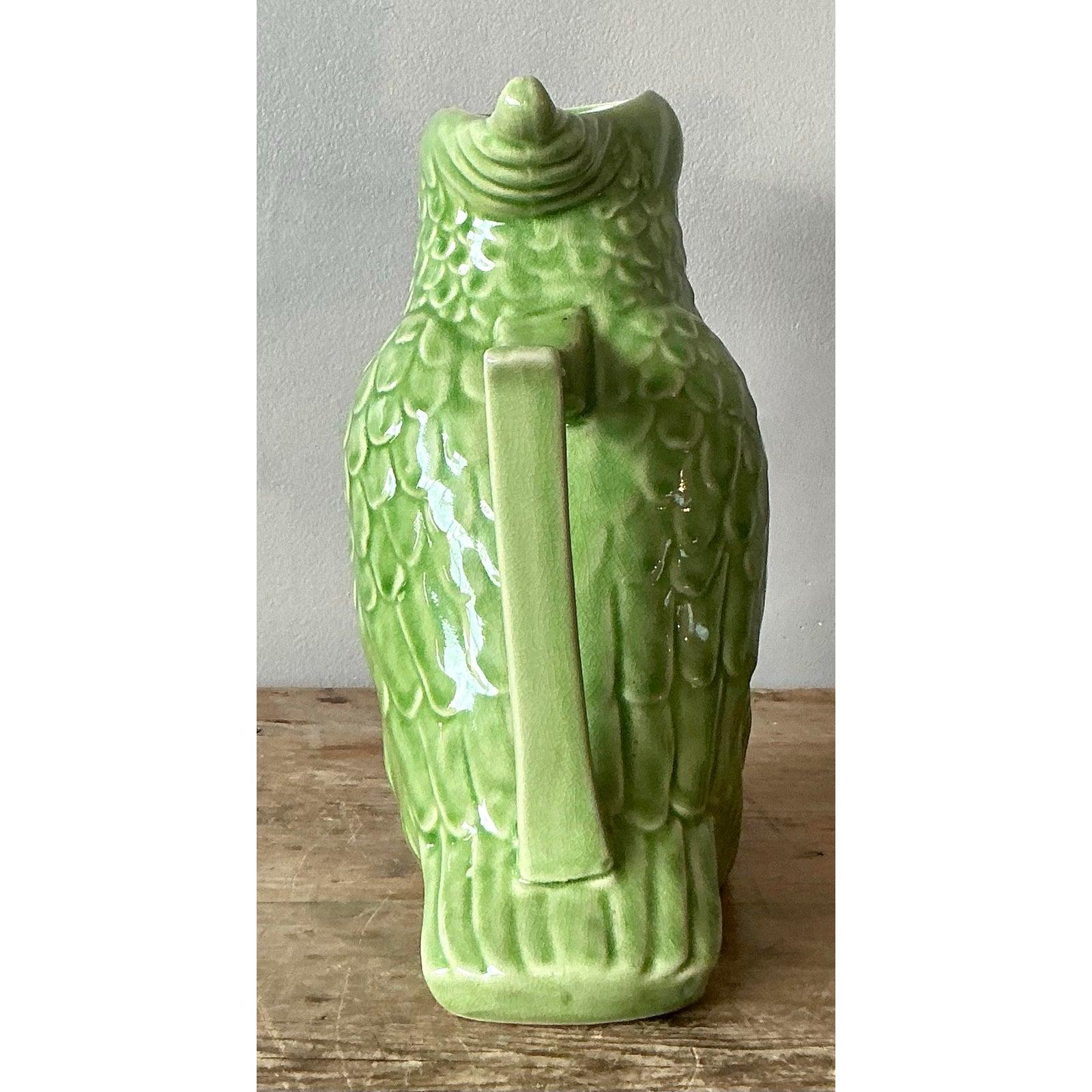 Vintage Boho Glazed Ceramic Parrot Pitcher In Good Condition For Sale In West Palm Beach, FL