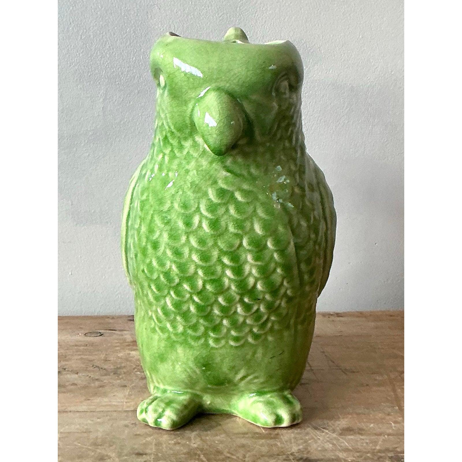 20th Century Vintage Boho Glazed Ceramic Parrot Pitcher For Sale