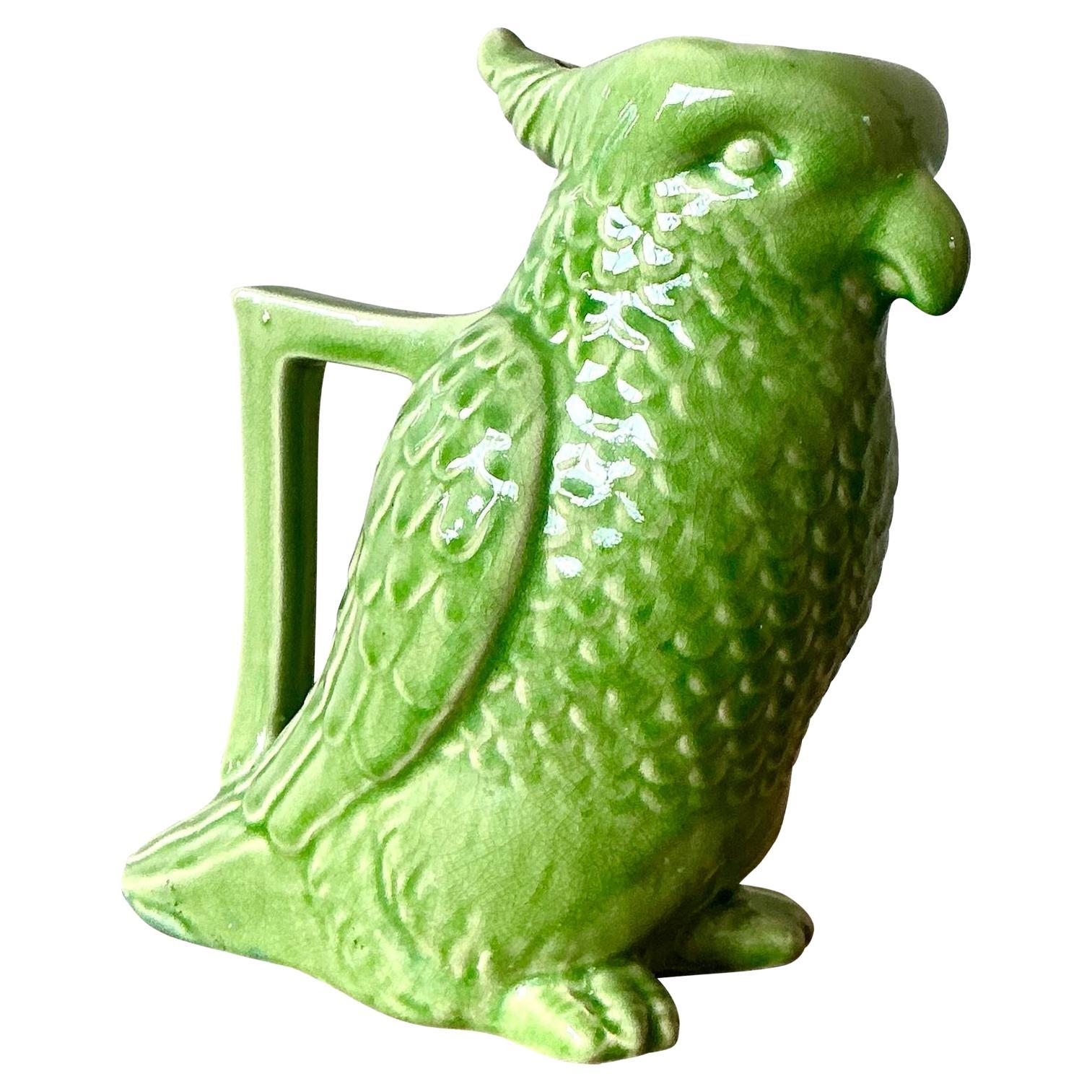 Vintage Boho Glazed Ceramic Parrot Pitcher