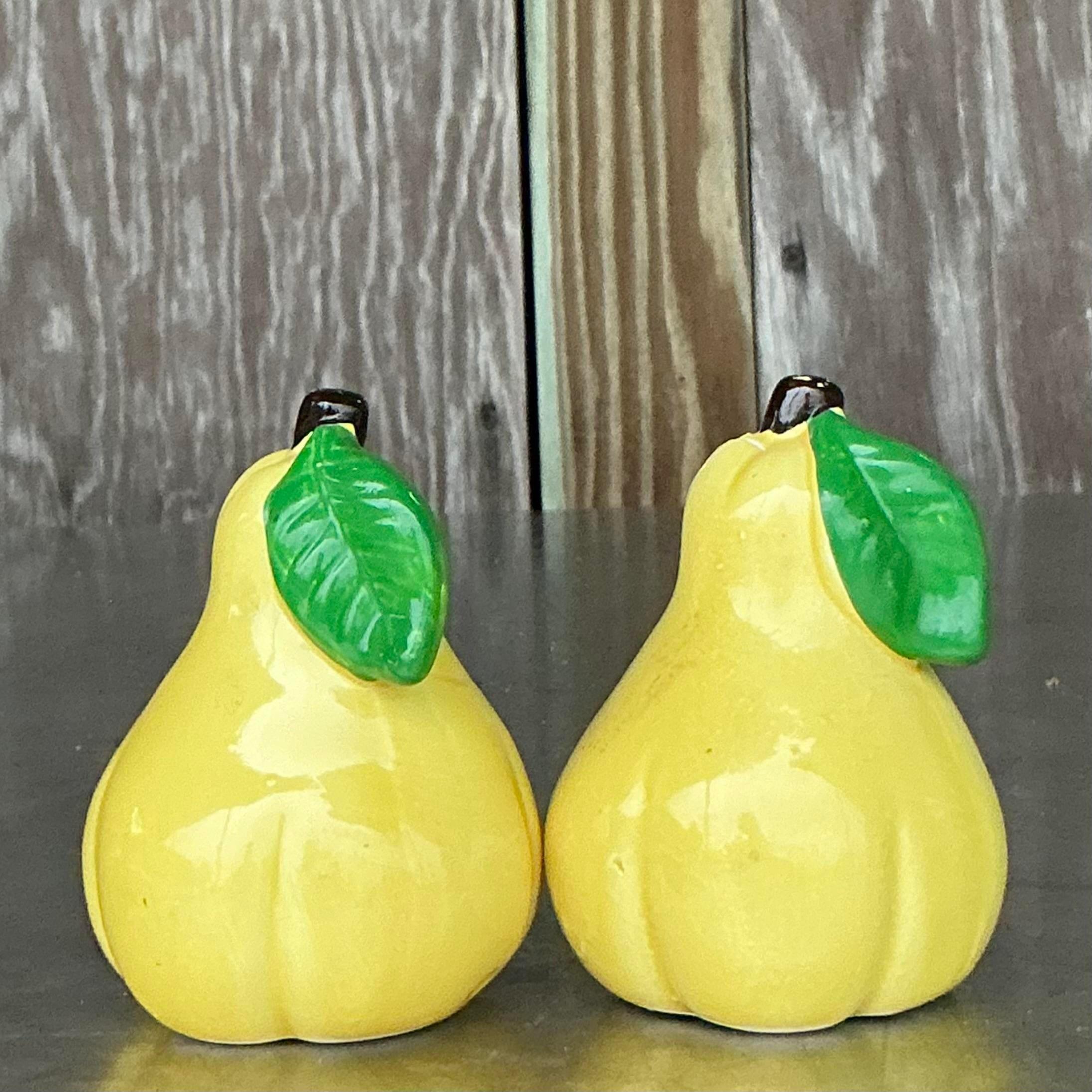Vernissé Salière et Poivrière Vintage Boho en céramique émaillée en forme de poire en vente