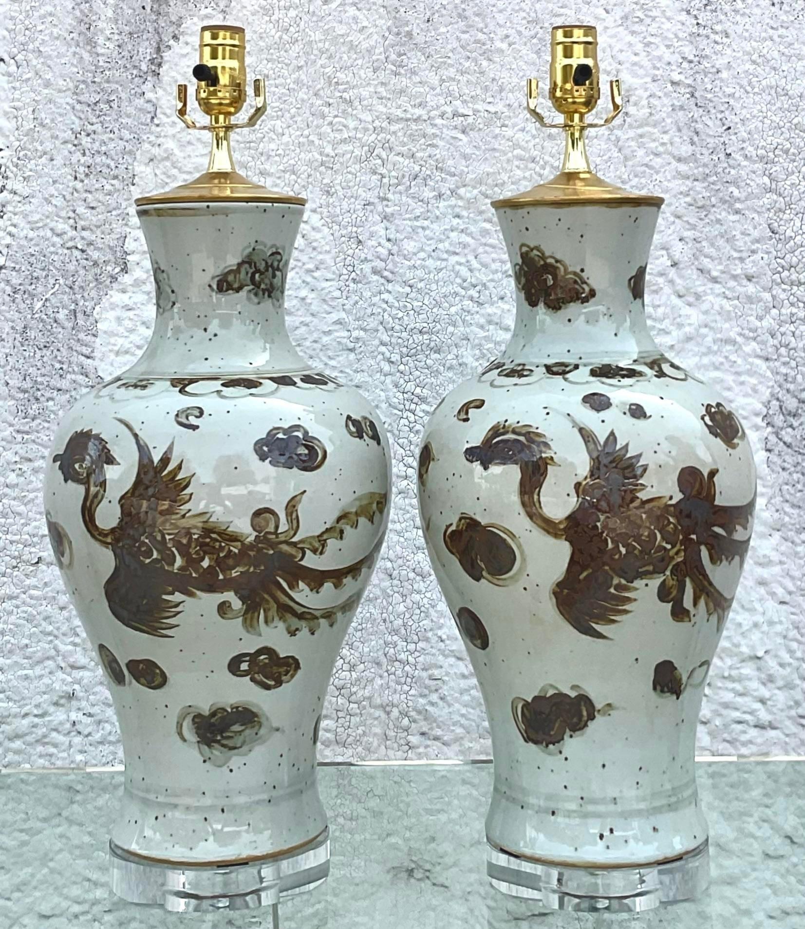Vintage Boho Glazed Ceramic Phoenix Table Lamps - a Pair 4