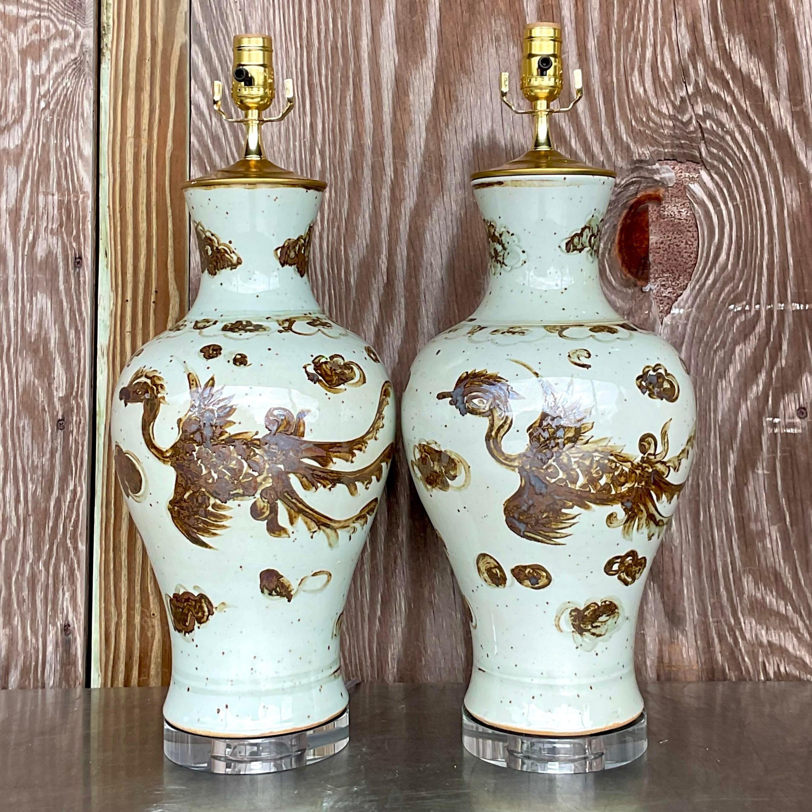 American Vintage Boho Glazed Ceramic Phoenix Table Lamps - a Pair