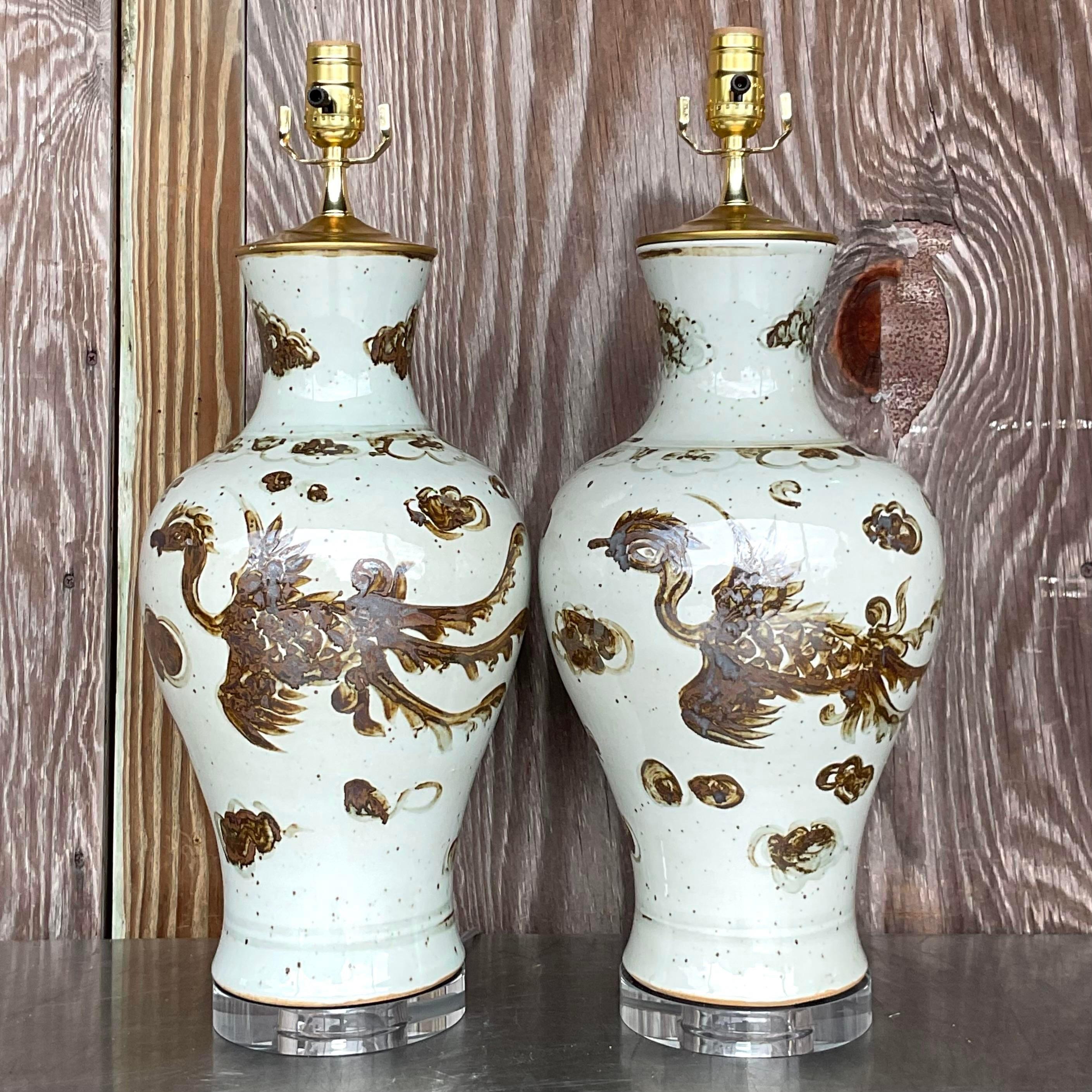 Vintage Boho Glazed Ceramic Phoenix Table Lamps - a Pair In Good Condition In west palm beach, FL