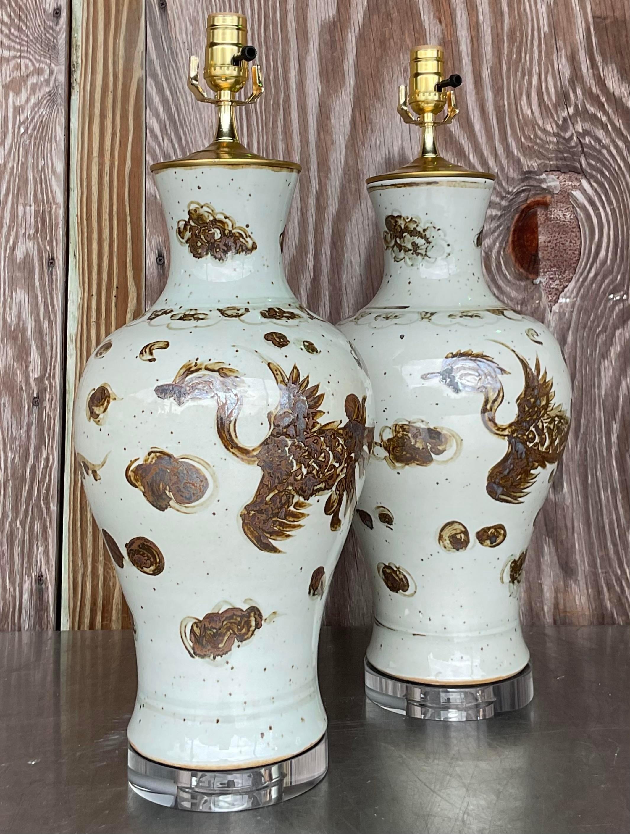 Contemporary Vintage Boho Glazed Ceramic Phoenix Table Lamps - a Pair