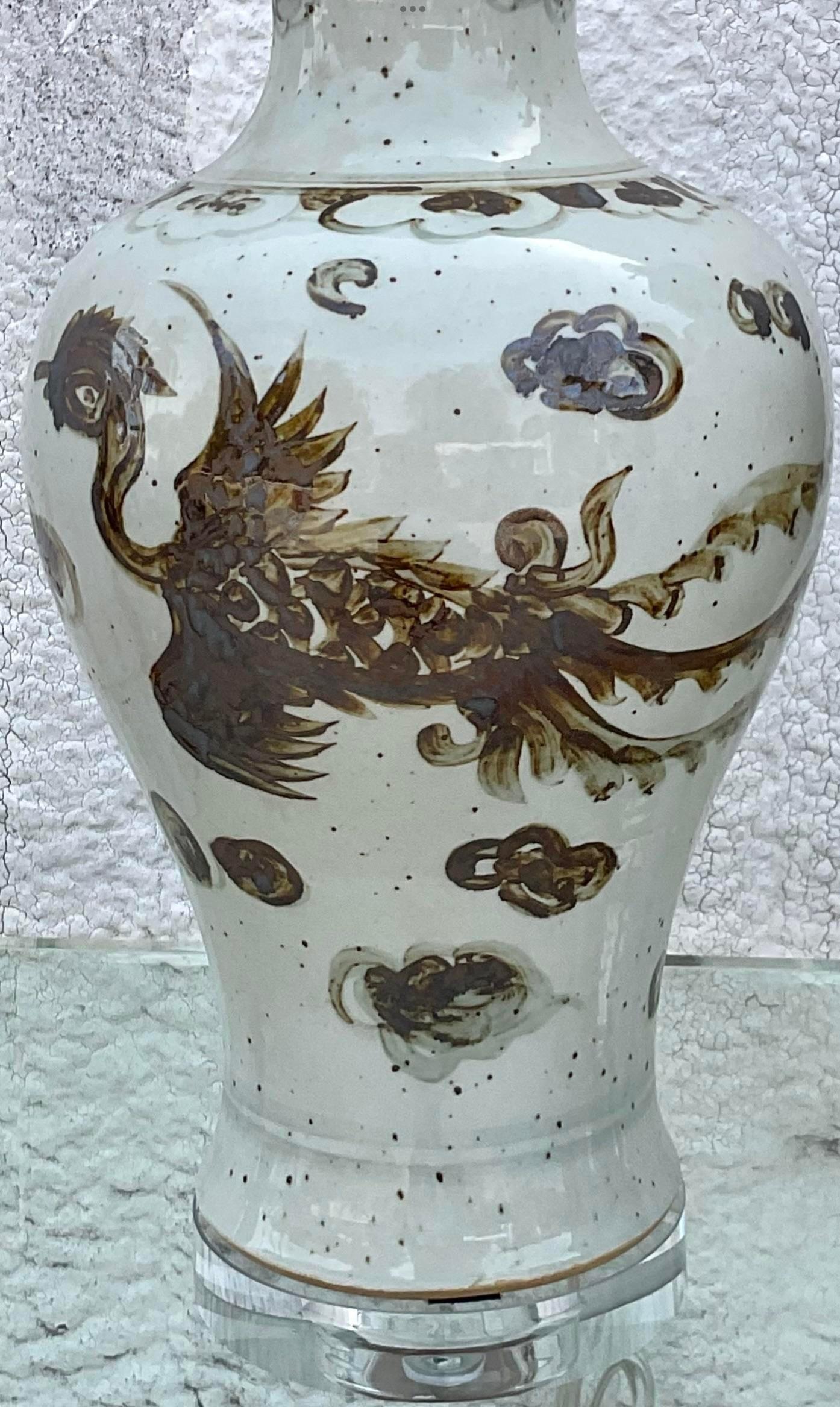 Vintage Boho Glazed Ceramic Phoenix Table Lamps - a Pair 1