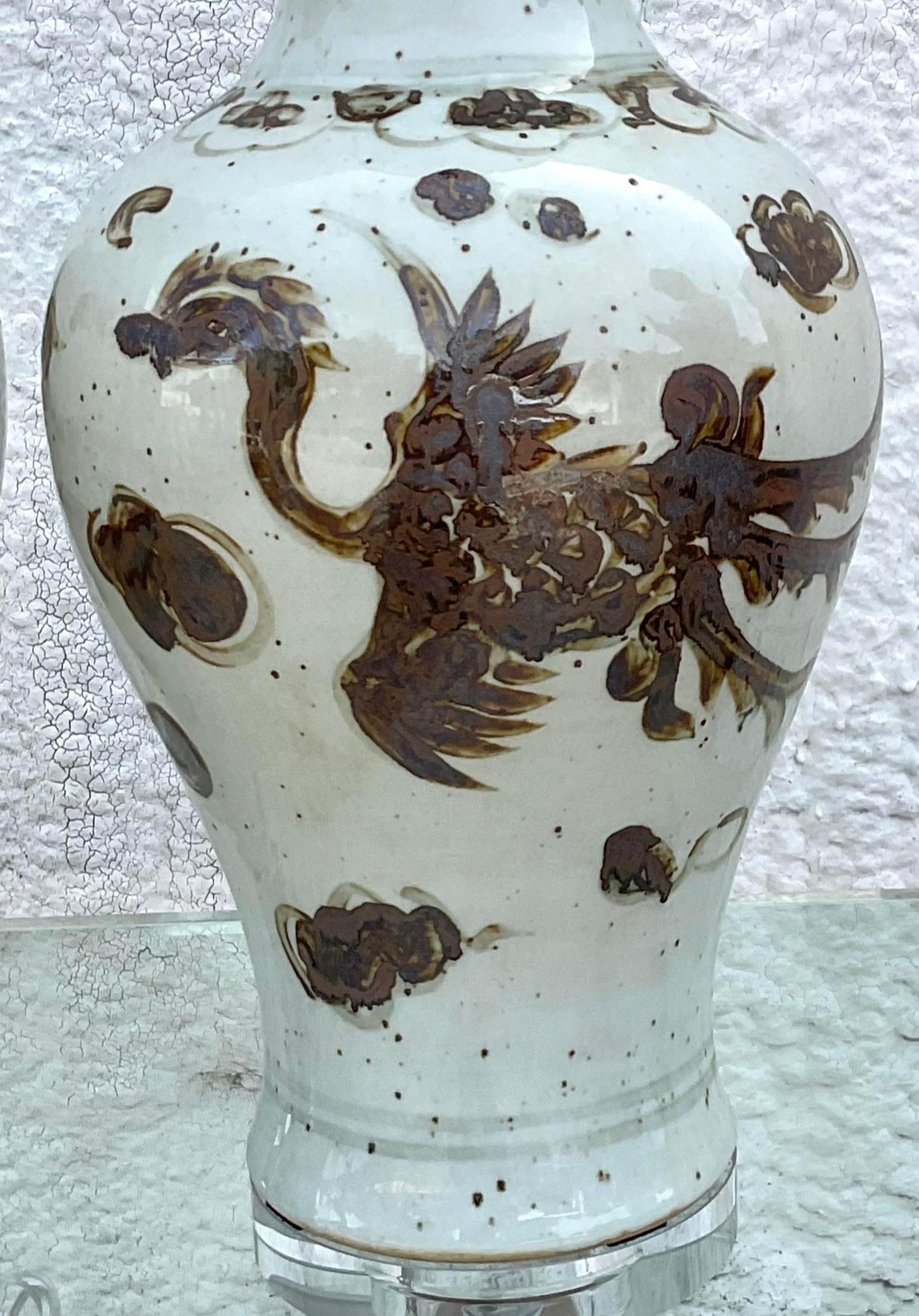 Vintage Boho Glazed Ceramic Phoenix Table Lamps - a Pair 2