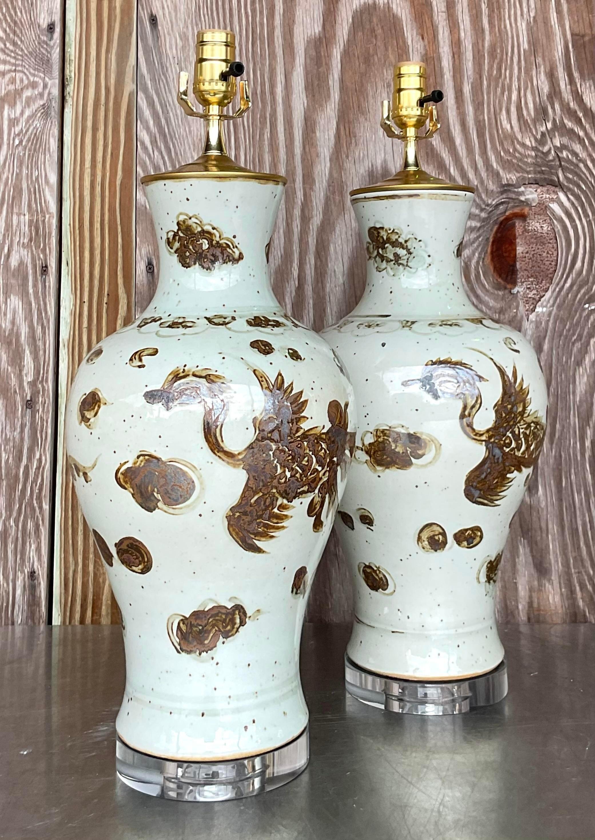 Vintage Boho Glazed Ceramic Phoenix Table Lamps - a Pair 3