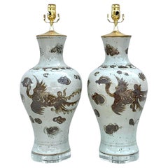 Vintage Boho Glazed Ceramic Phoenix Table Lamps - a Pair