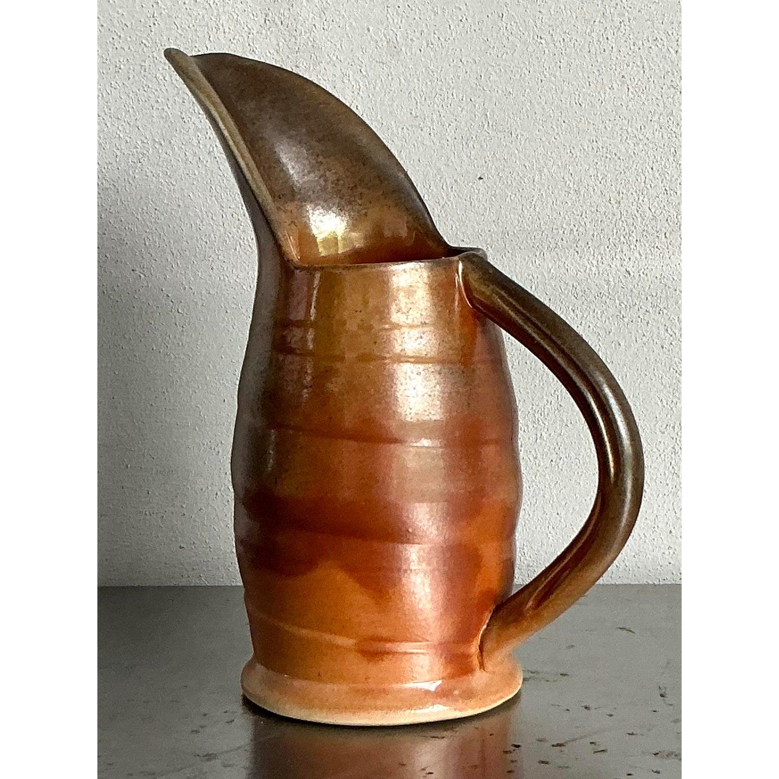 Rustic Vintage Boho Glazed Ceramic Pitcher For Sale