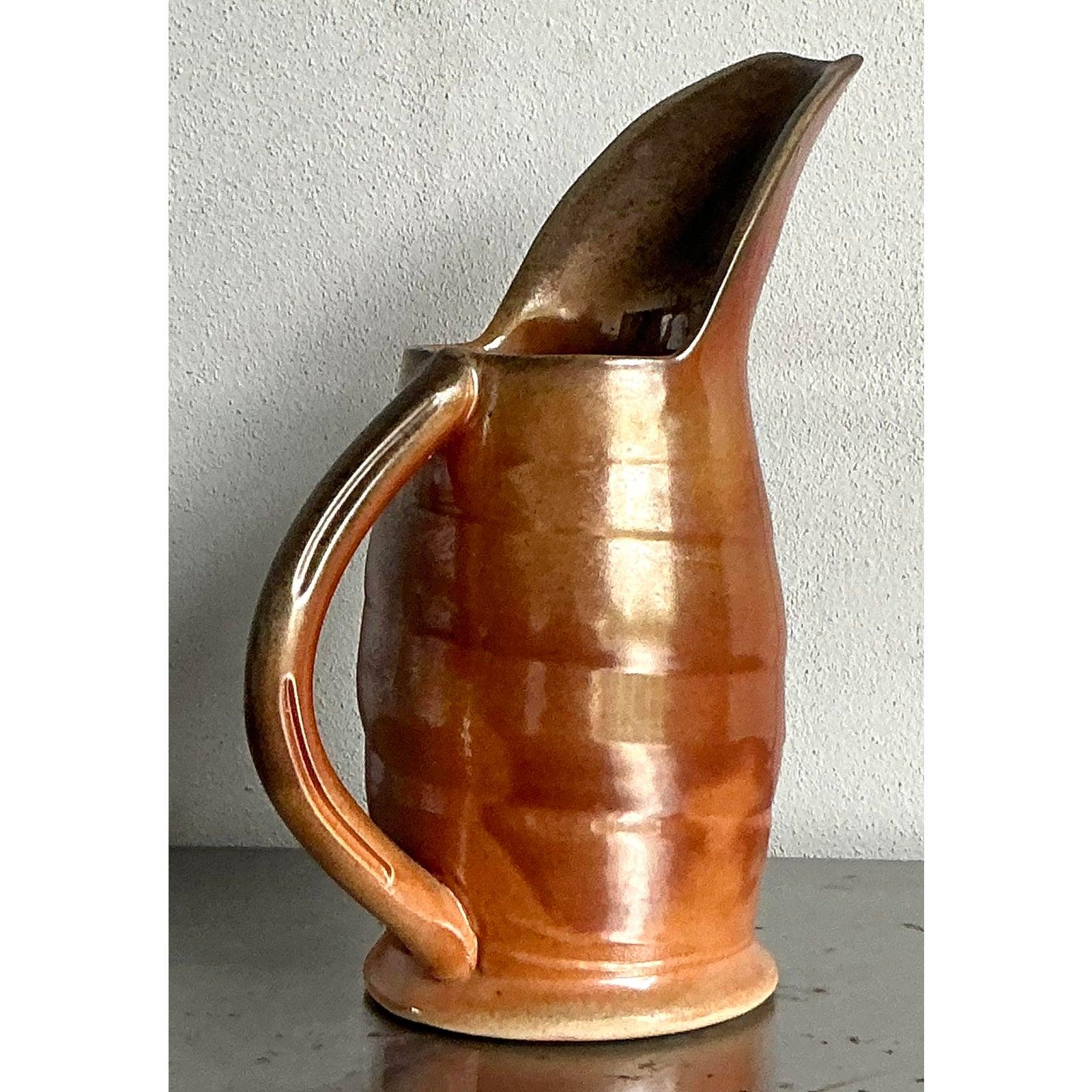 American Vintage Boho Glazed Ceramic Pitcher For Sale