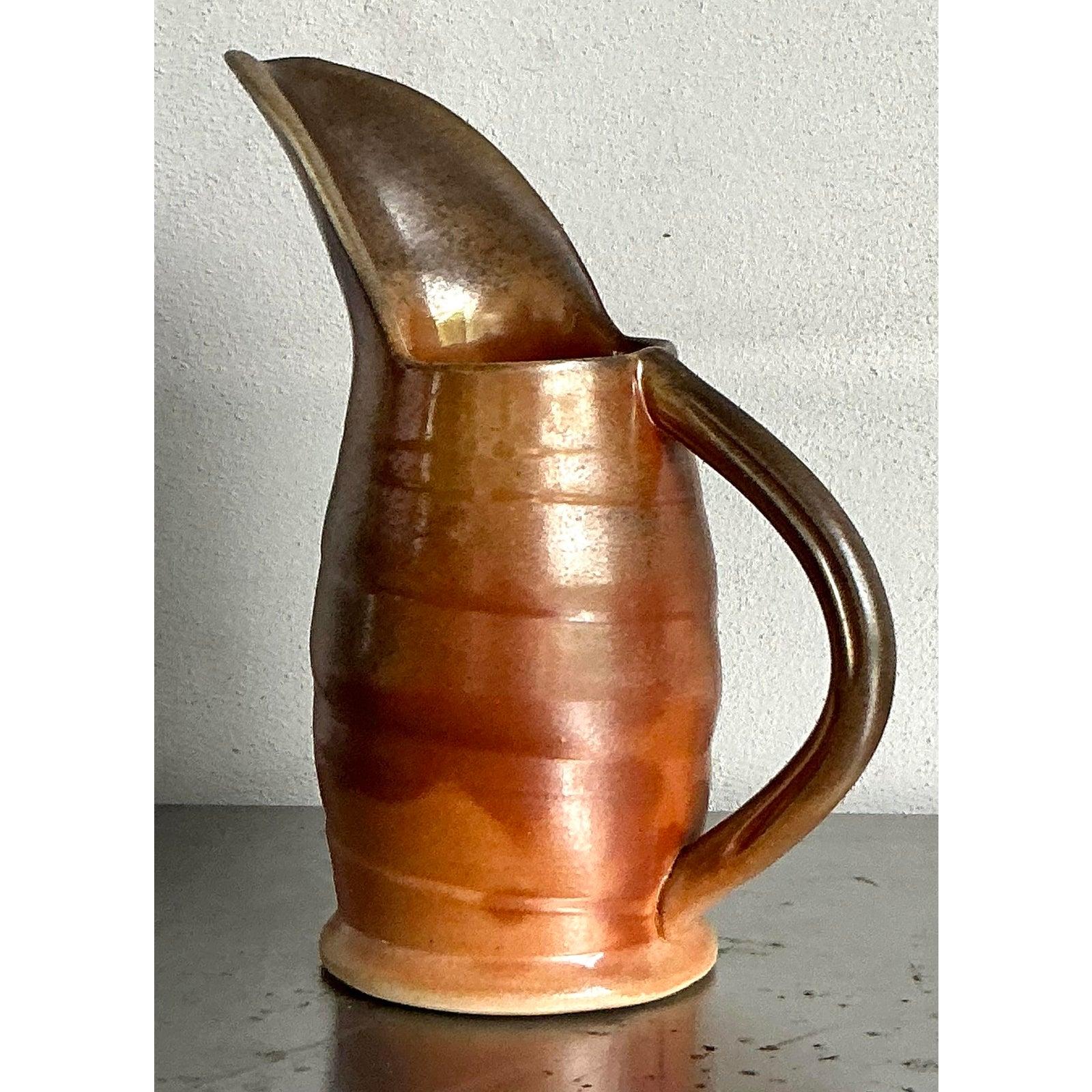 Vintage Boho Glazed Ceramic Pitcher In Good Condition For Sale In West Palm Beach, FL