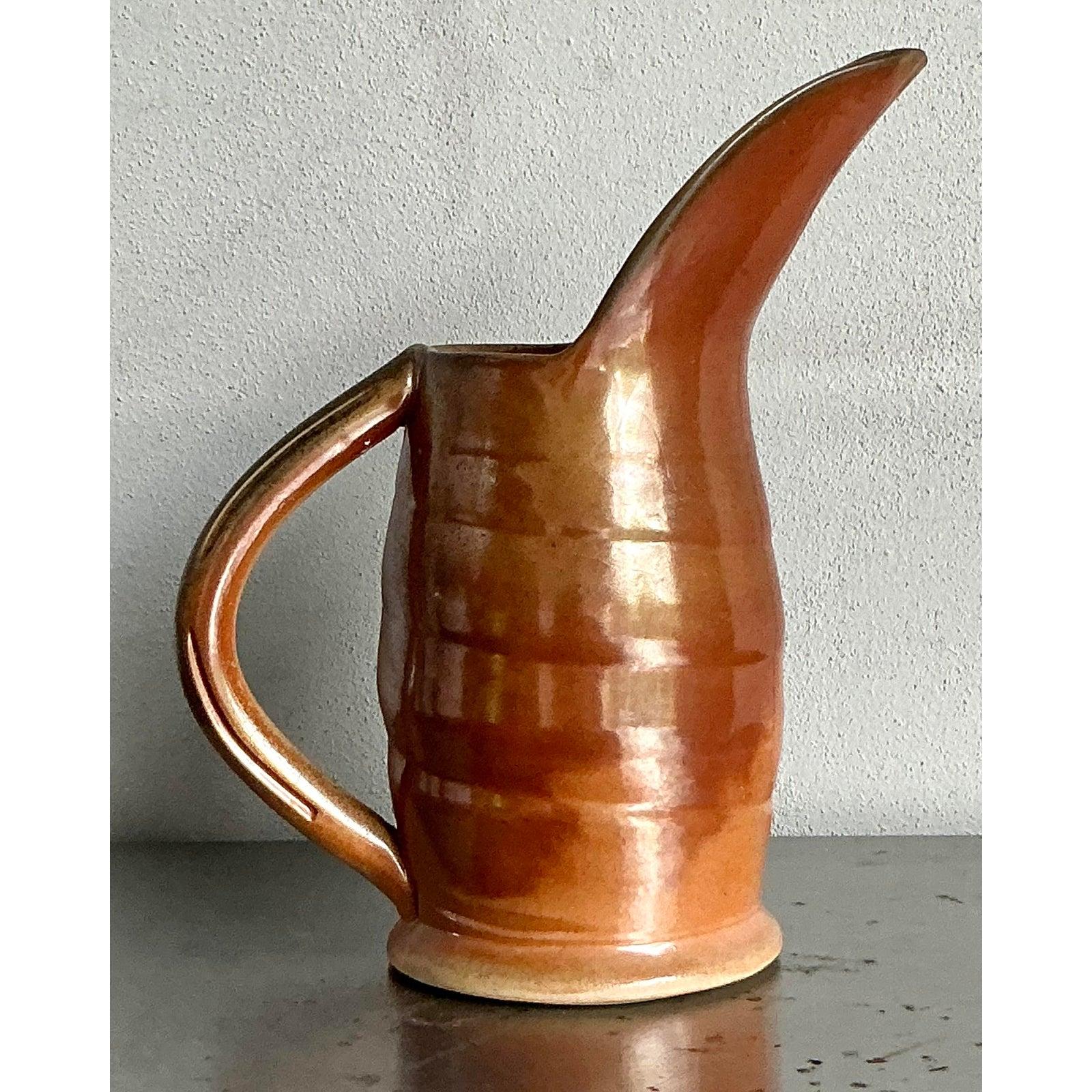 Vintage Boho Glazed Ceramic Pitcher For Sale 1