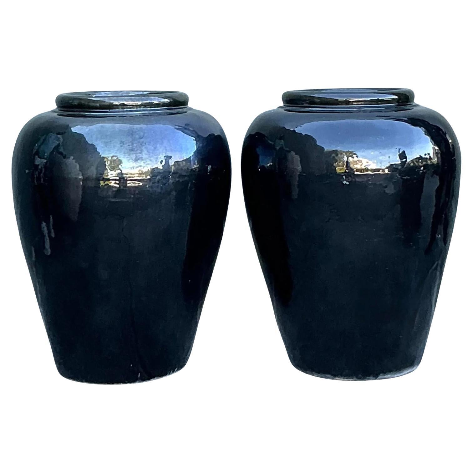 Paire de jardinières vintage en céramique émaillée Boho