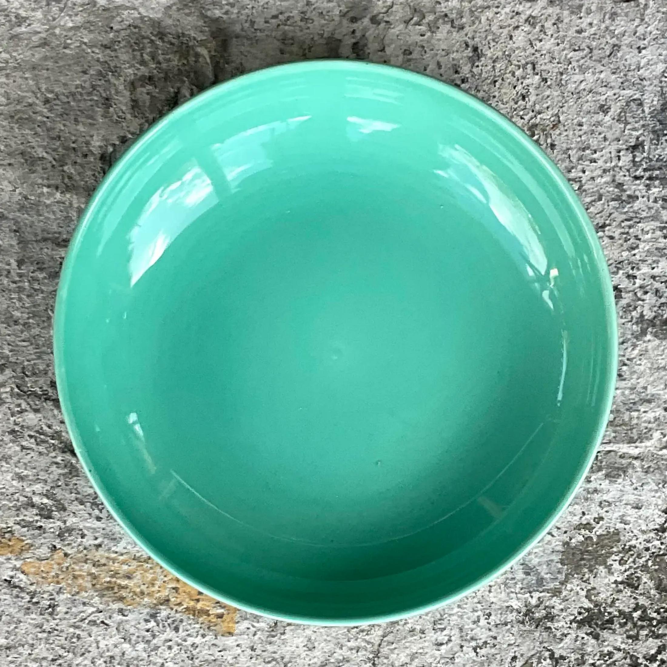 Vintage Boho Glazed Ceramic Platter and Bowl Serving Set- 2 Pieces In Good Condition For Sale In west palm beach, FL