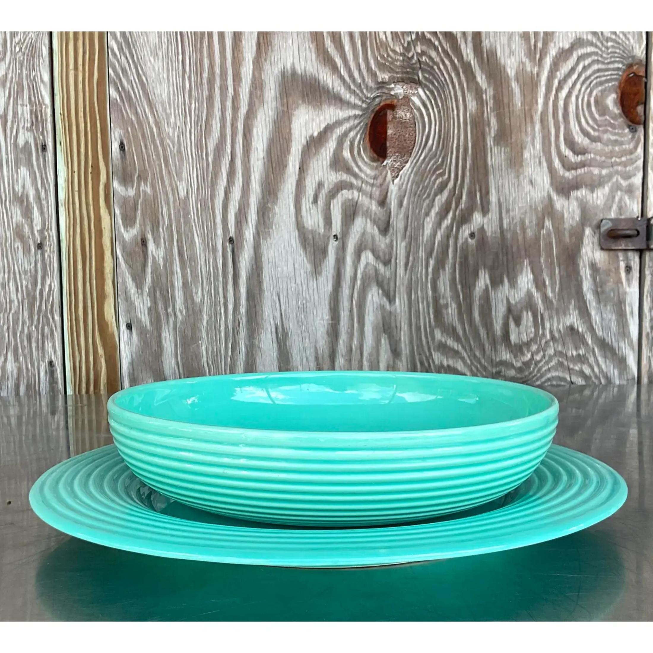 Vintage Boho Glazed Ceramic Platter and Bowl Serving Set- 2 Pieces For Sale 3