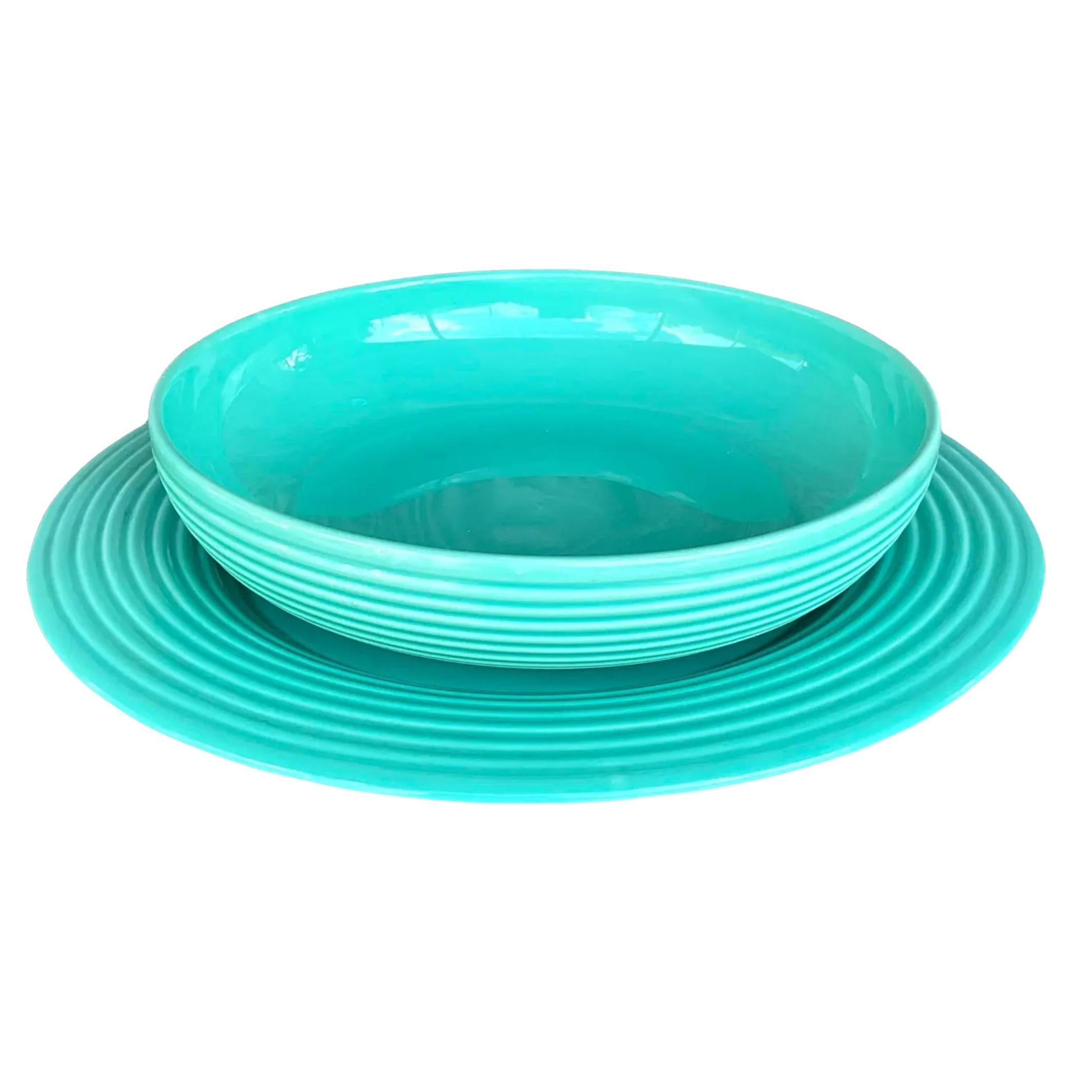 Vintage Boho Glazed Ceramic Platter and Bowl Serving Set- 2 Pieces For Sale