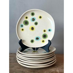 Vintage Boho Glazed Ceramic Polka Dot Plates - Set of 8