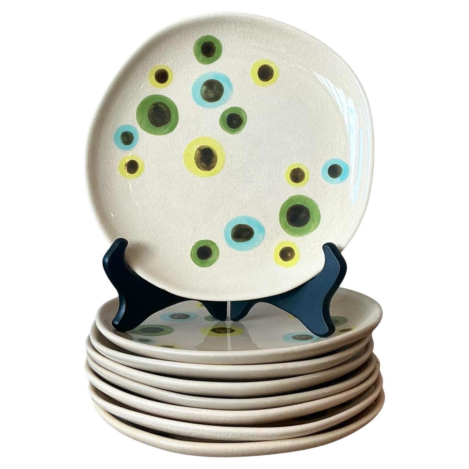 Vintage Boho Glazed Ceramic Polka Dot Plates - Set of 8 For Sale