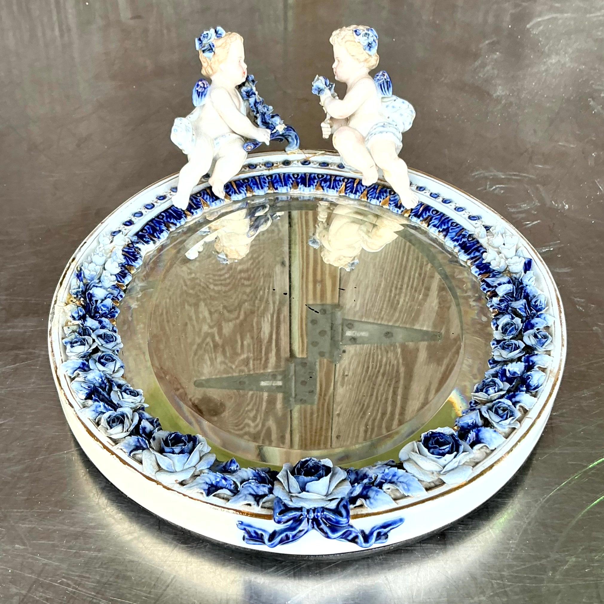 Regency Miroir Chérubin Putti Vintage Boho en céramique émaillée en vente