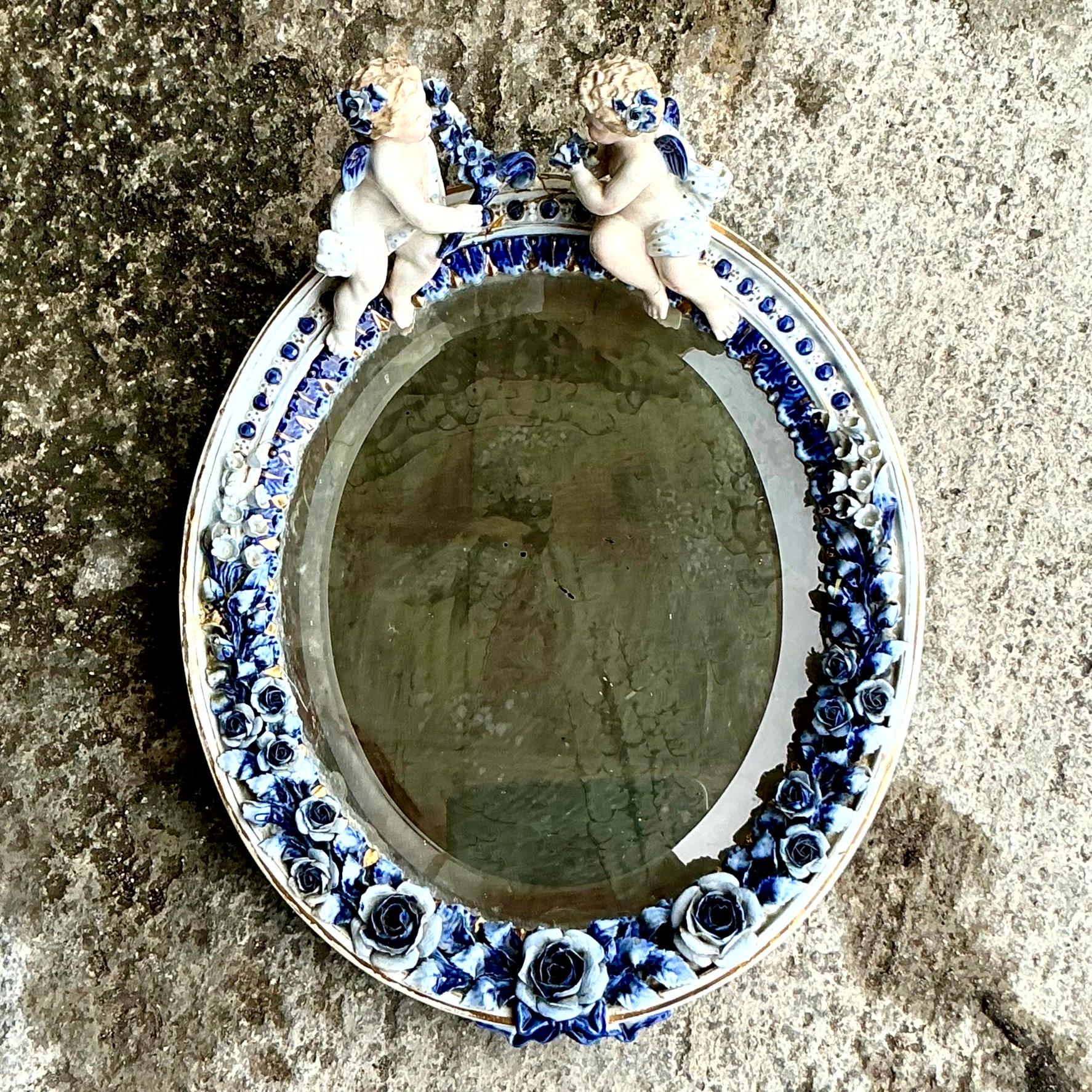 italien Miroir Chérubin Putti Vintage Boho en céramique émaillée en vente