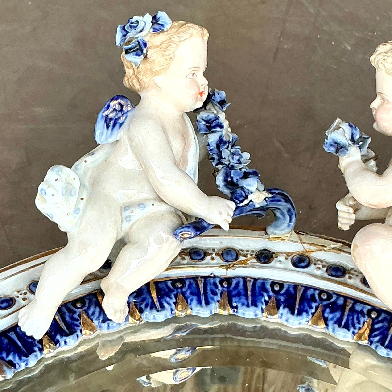 20ième siècle Miroir Chérubin Putti Vintage Boho en céramique émaillée en vente