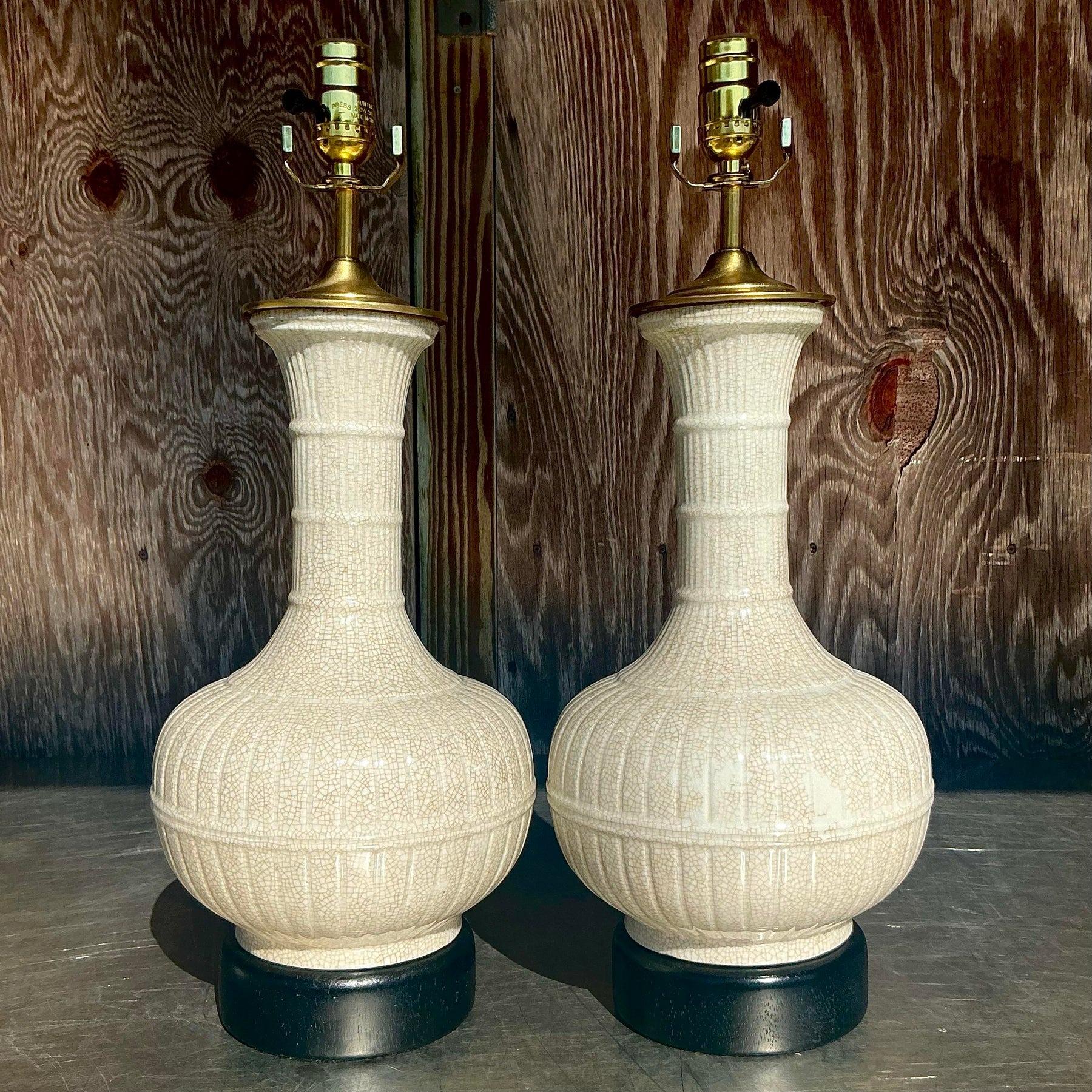 Américain Paire de lampes vintage Boho en céramique émaillée et nervurée en vente