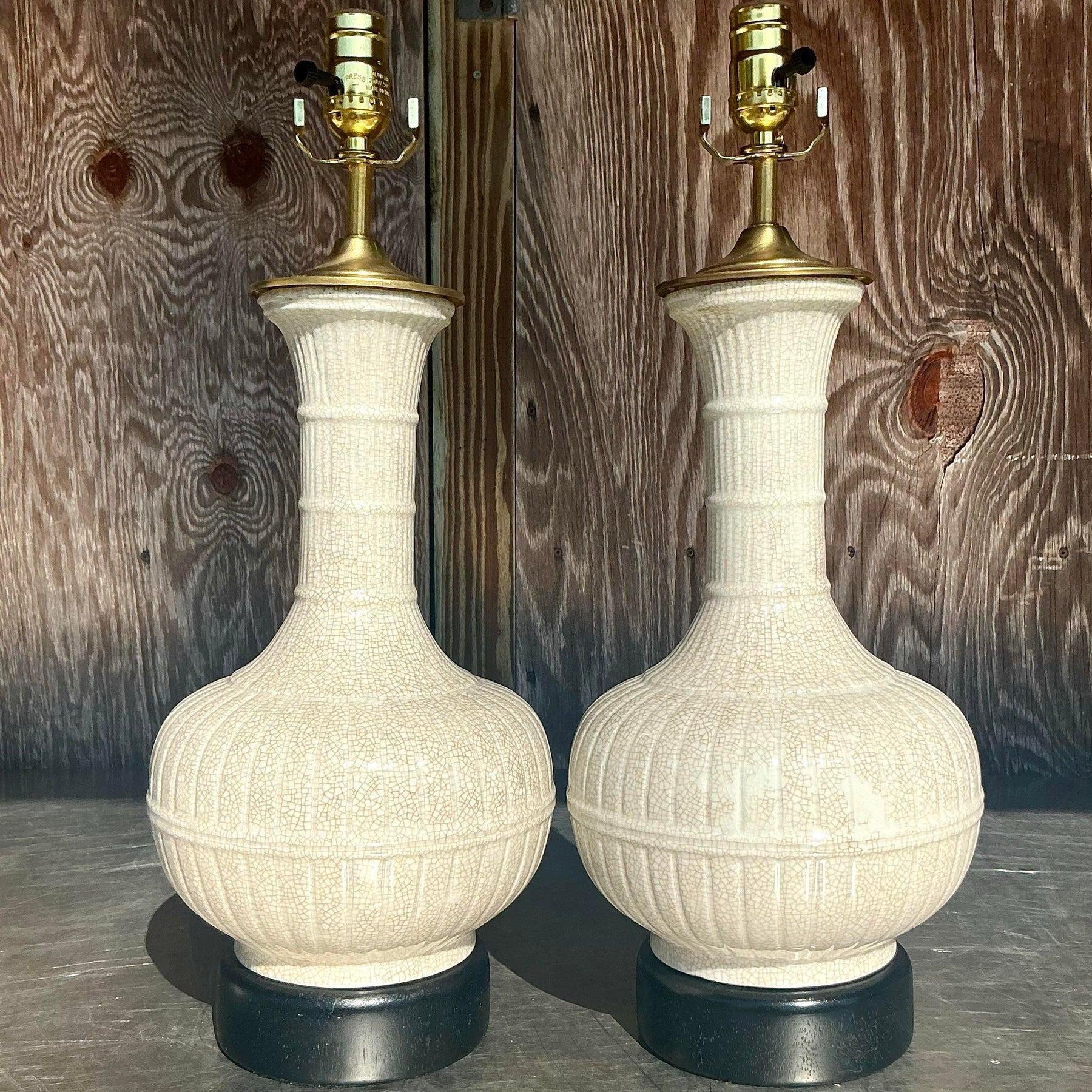 20ième siècle Paire de lampes vintage Boho en céramique émaillée et nervurée en vente