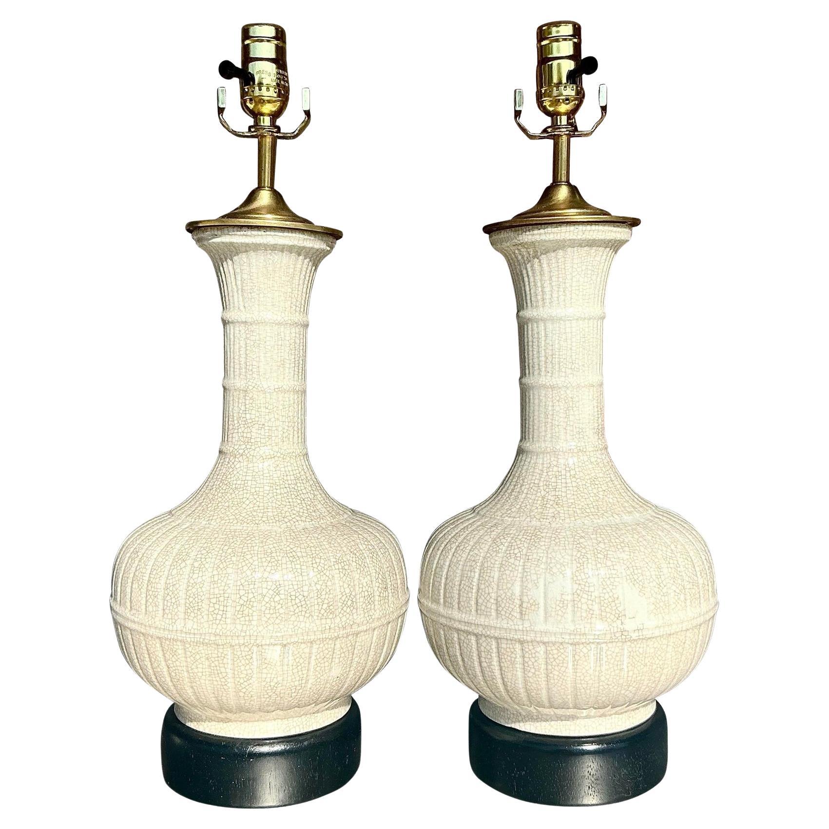 Vintage Boho Glazed Ceramic Ribbed Lamps - a Pair