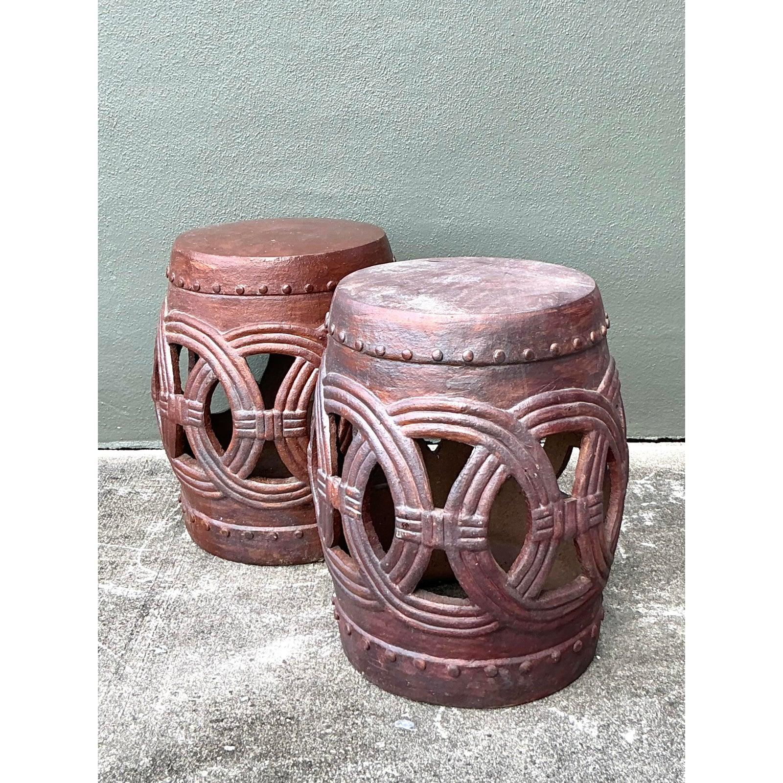 Ère spatiale Vintage Boho Glazed Ceramic Rings Low Stools - A Pair en vente