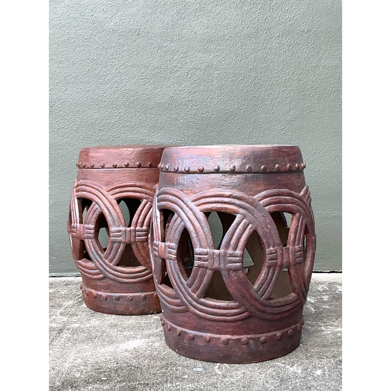 Vintage Boho Glazed Ceramic Rings Low Stools - A Pair Bon état - En vente à West Palm Beach, FL